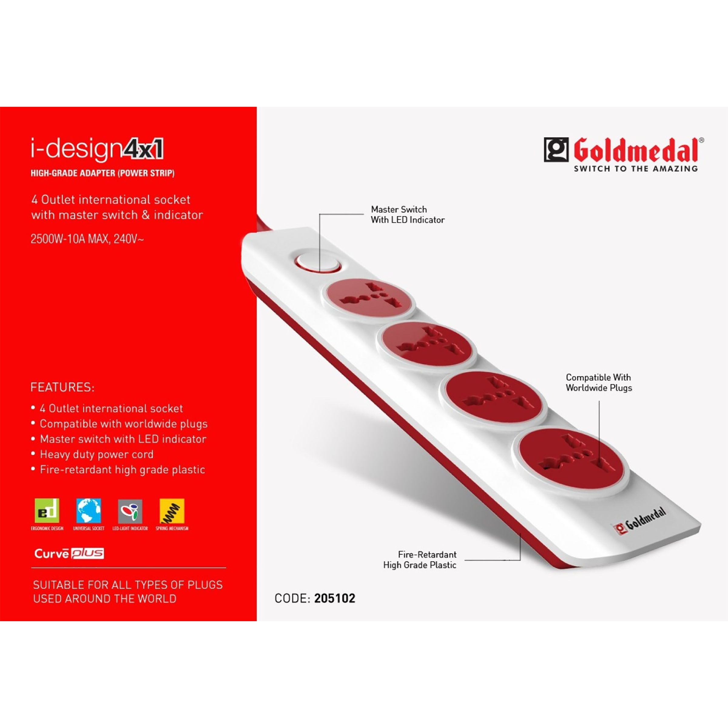 Goldmedal I-Design 6 Amp 4 Sockets Extension Board ( 2 Meters, Special Nylon Velcro Cable, 205102, White/Red)_9