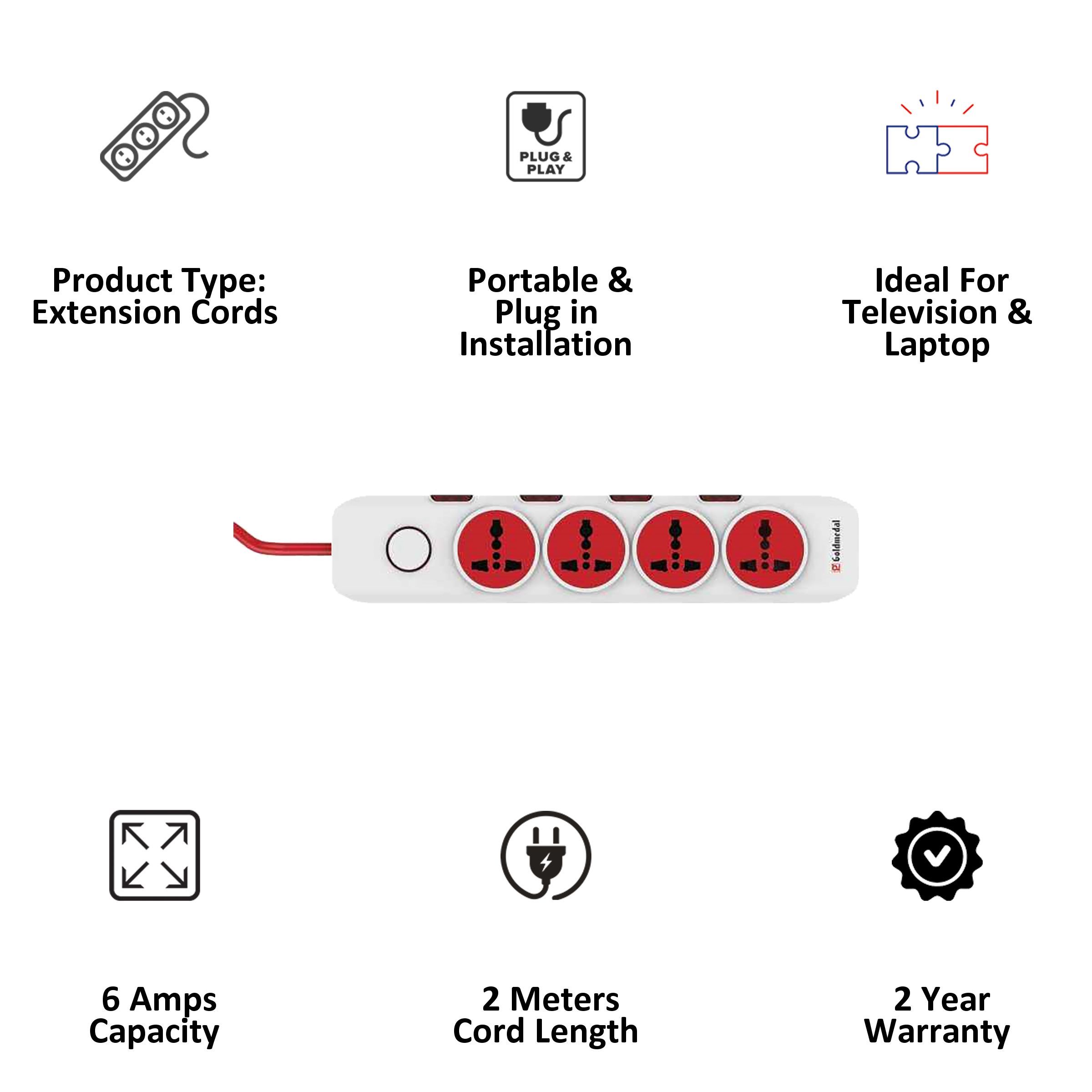 Goldmedal I-Design 6 Amp 4 Sockets Extension Board (2 Meters, Master Switch, 205103, White/Red)_3