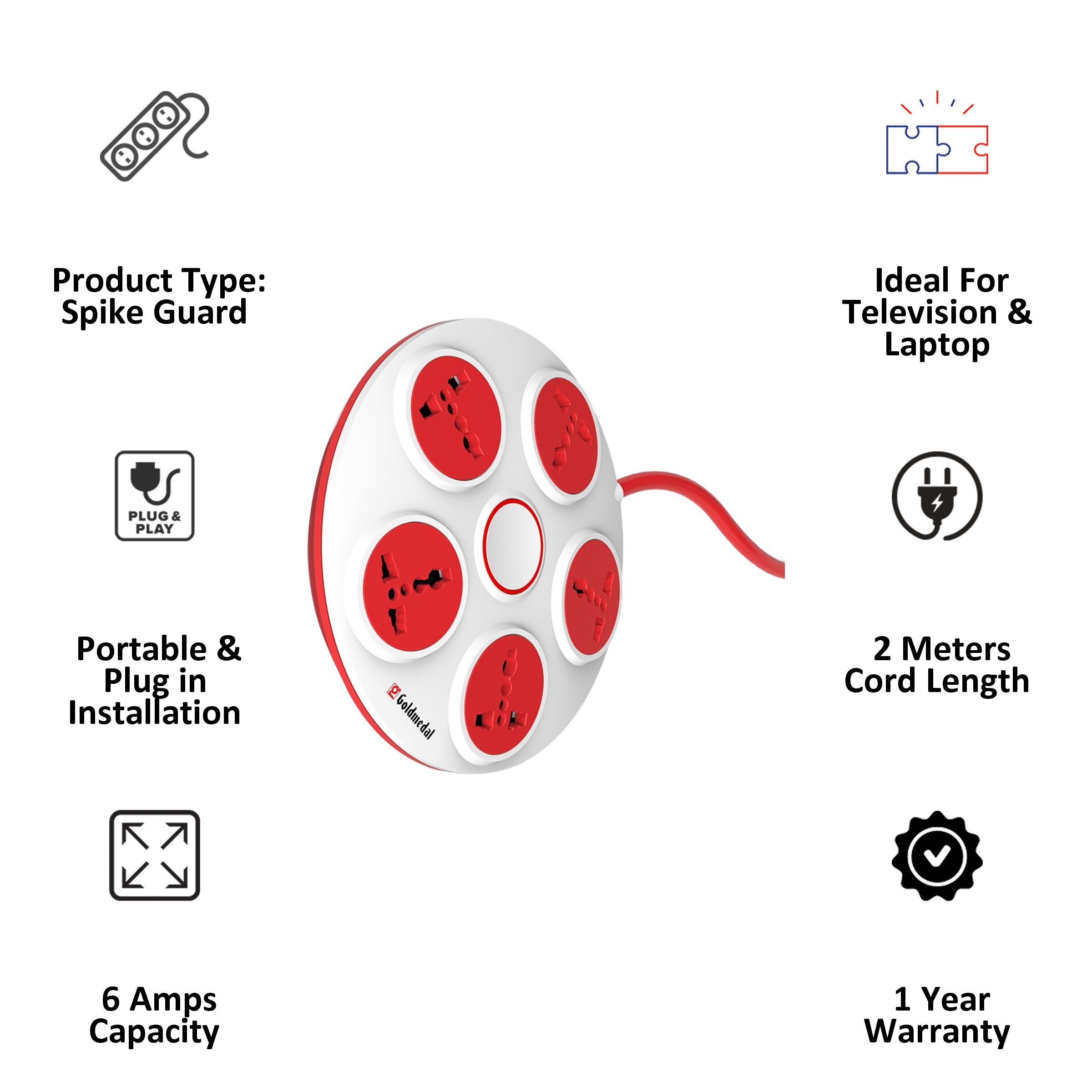 Goldmedal Curve Plus 6 Amp 5 Sockets Spike Guard With Individual Switch 2 Meters (Master Switch, 205104, White/Red) Goldmedal Curve Plus 6 Amp 5 Sockets Spike Guard With Individual Switch 2 Meters (Master Switch, 205104, White/Red)_5