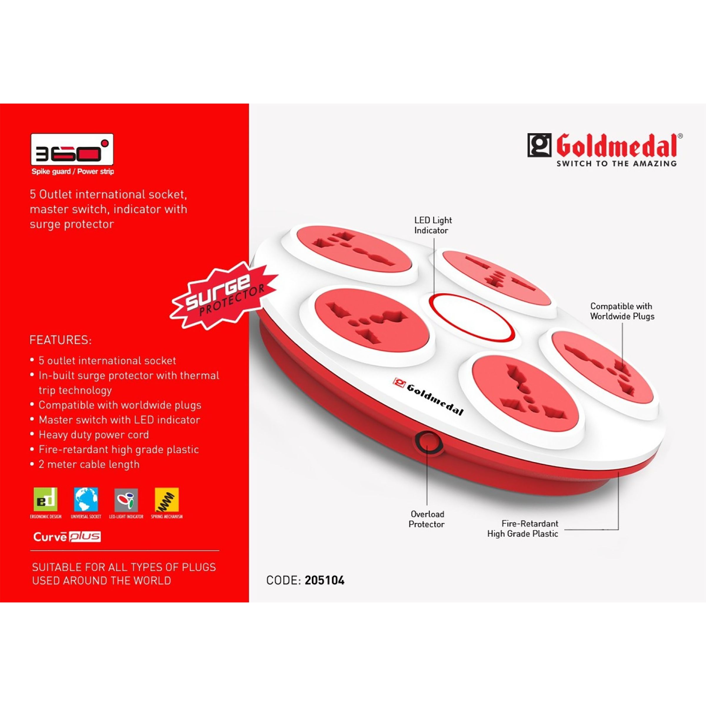 Goldmedal Curve Plus 6 Amp 5 Sockets Spike Guard With Individual Switch 2 Meters (Master Switch, 205104, White/Red) Goldmedal Curve Plus 6 Amp 5 Sockets Spike Guard With Individual Switch 2 Meters (Master Switch, 205104, White/Red)_6