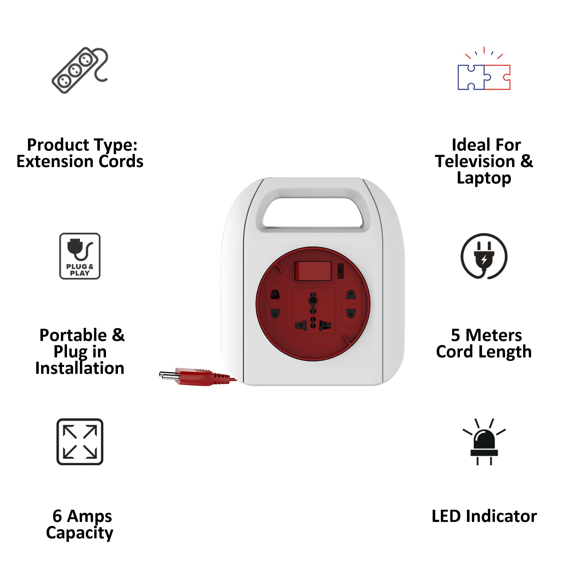 Goldmedal Sliq 6 Amps 3 Sockets Extension Board (5 Meters, LED Indicator, 205116, White & Red_4