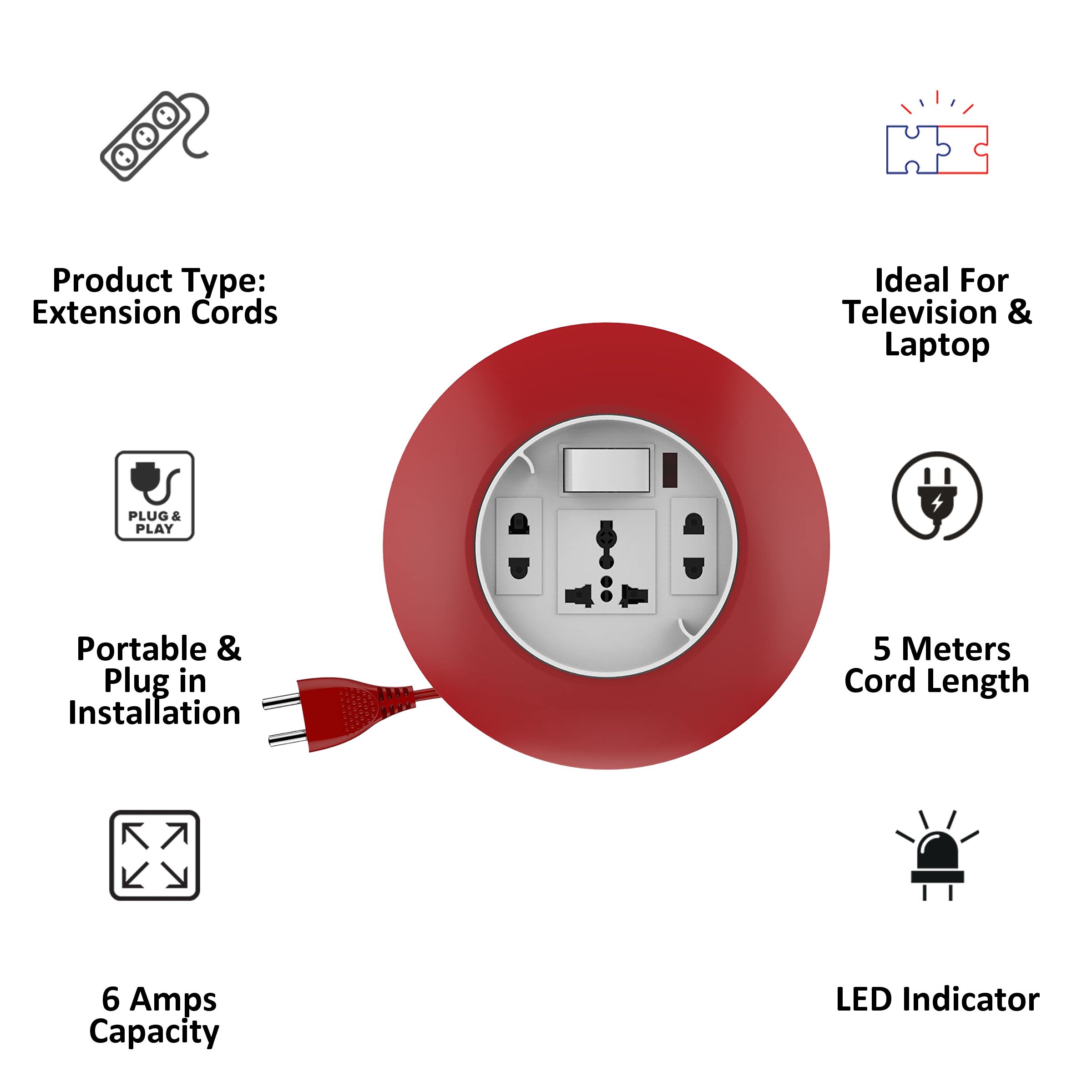 Goldmedal G-Dial 6 Amps 3 Sockets Extension Board (5 Meters, LED Indicator, 205128, White & Red)_3