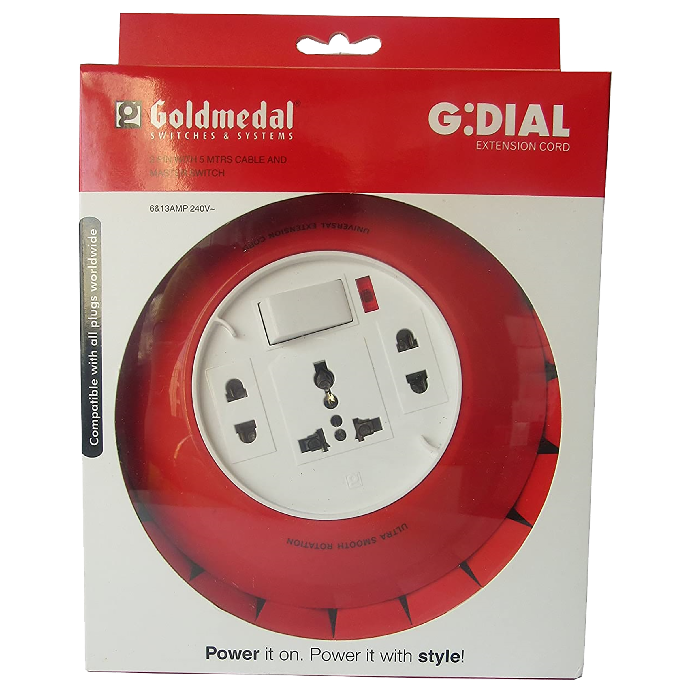 Goldmedal G-Dial 6 Amps 3 Sockets Extension Board (5 Meters, LED Indicator, 205128, White & Red)_5