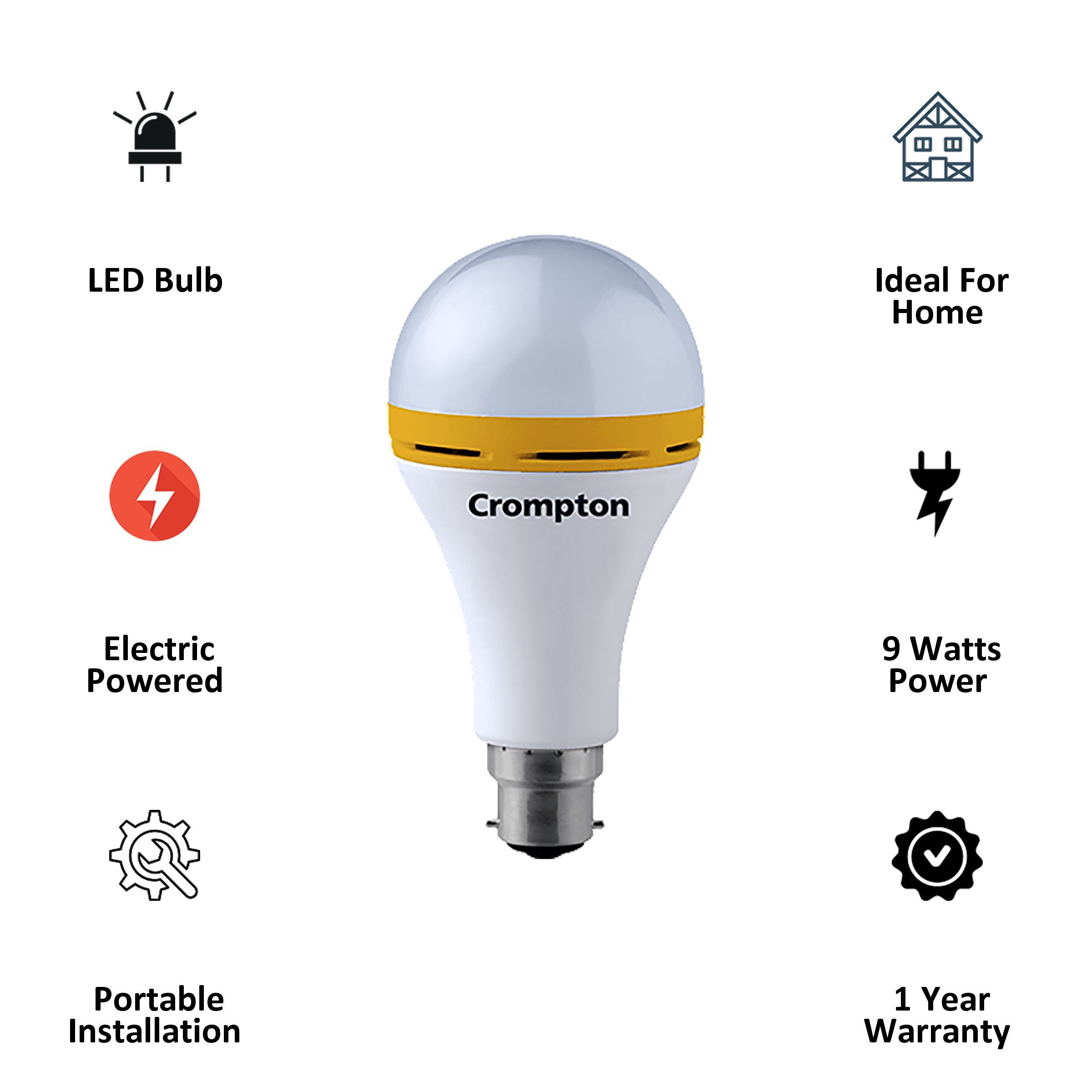 Crompton Back-up 9 Watts Electric Powered  (810 Lumens, LED9WDFINV4CDL, White)_2