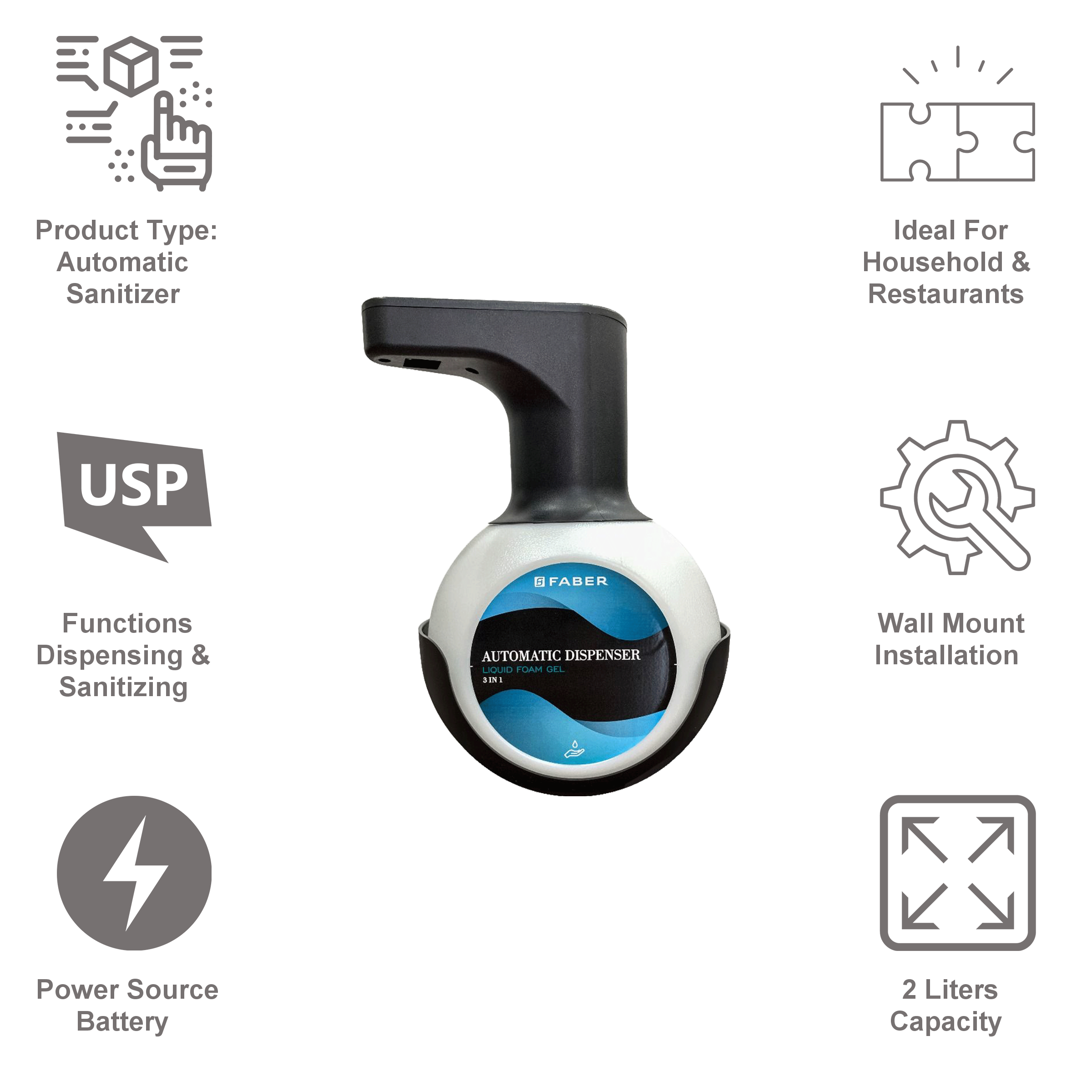 FABER 3IN1 Battery and Electricity Powered Automatic Sanitizer Dispenser (Plug and Play System, 131.0631.668, Black)_4