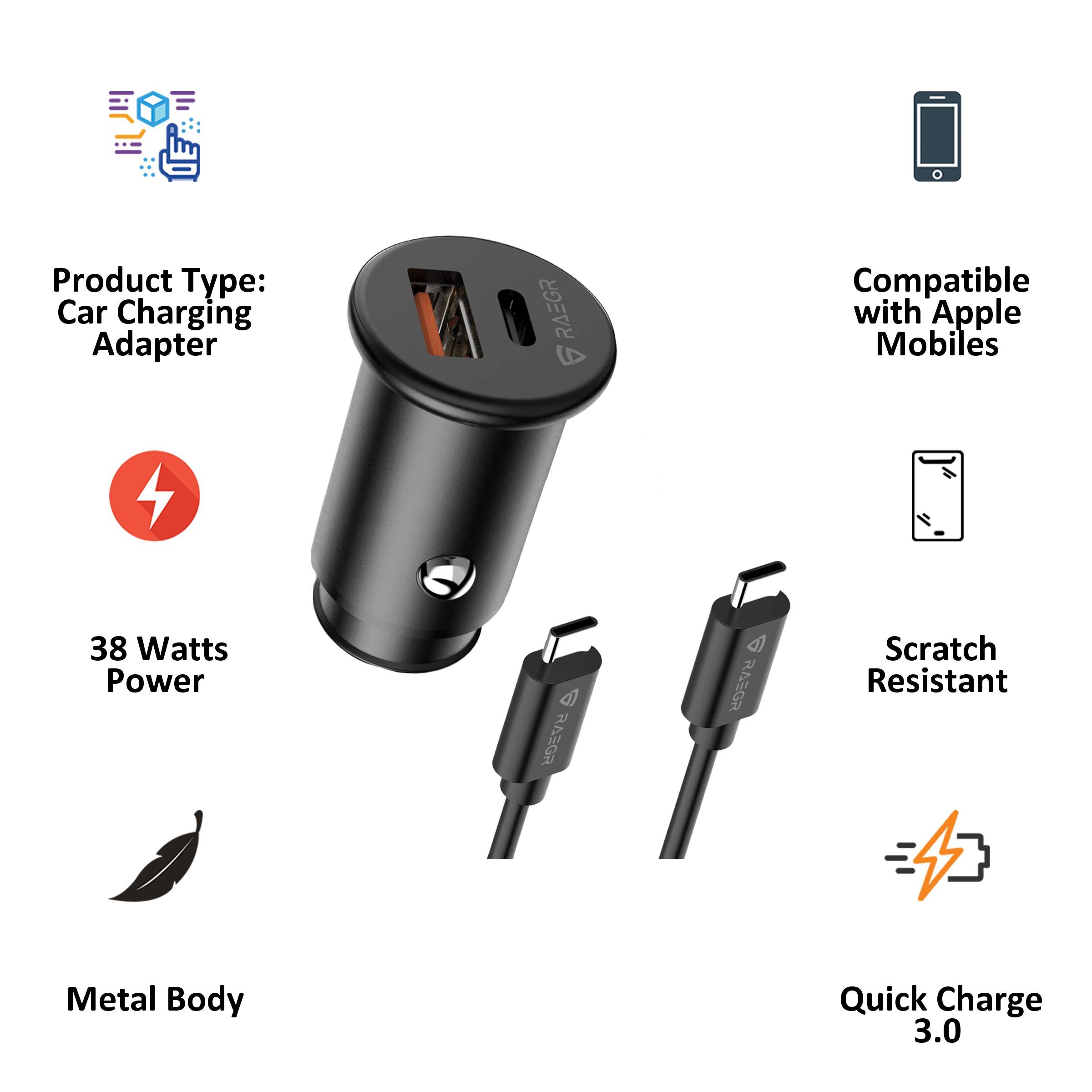 RAEGR RapidLink 400 38 Watts Car Charging Adapter with Cable (Dual Port, RG10205, Black)_2