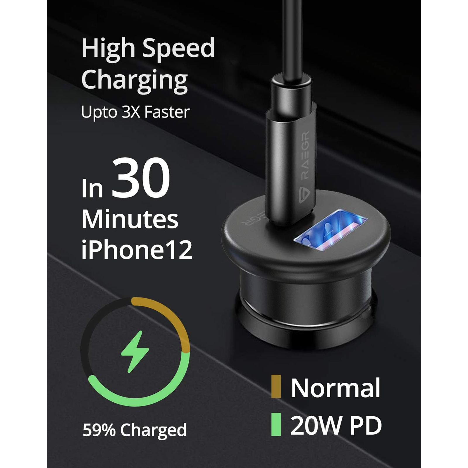 RAEGR RapidLink 400 38 Watts Car Charging Adapter with Cable (Dual Port, RG10205, Black)_5