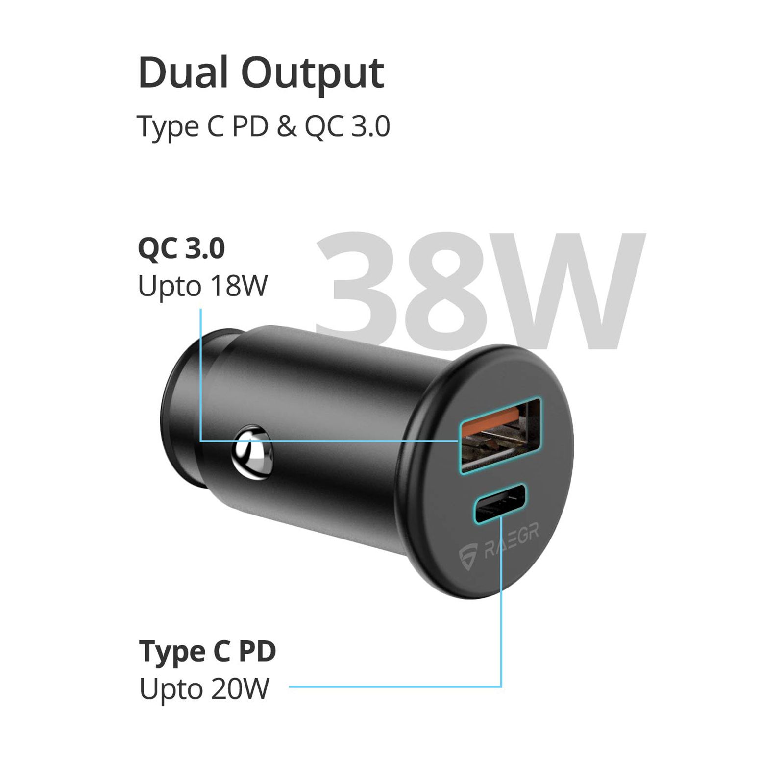 RAEGR RapidLink 400 38 Watts Car Charging Adapter with Cable (Dual Port, RG10205, Black)_7
