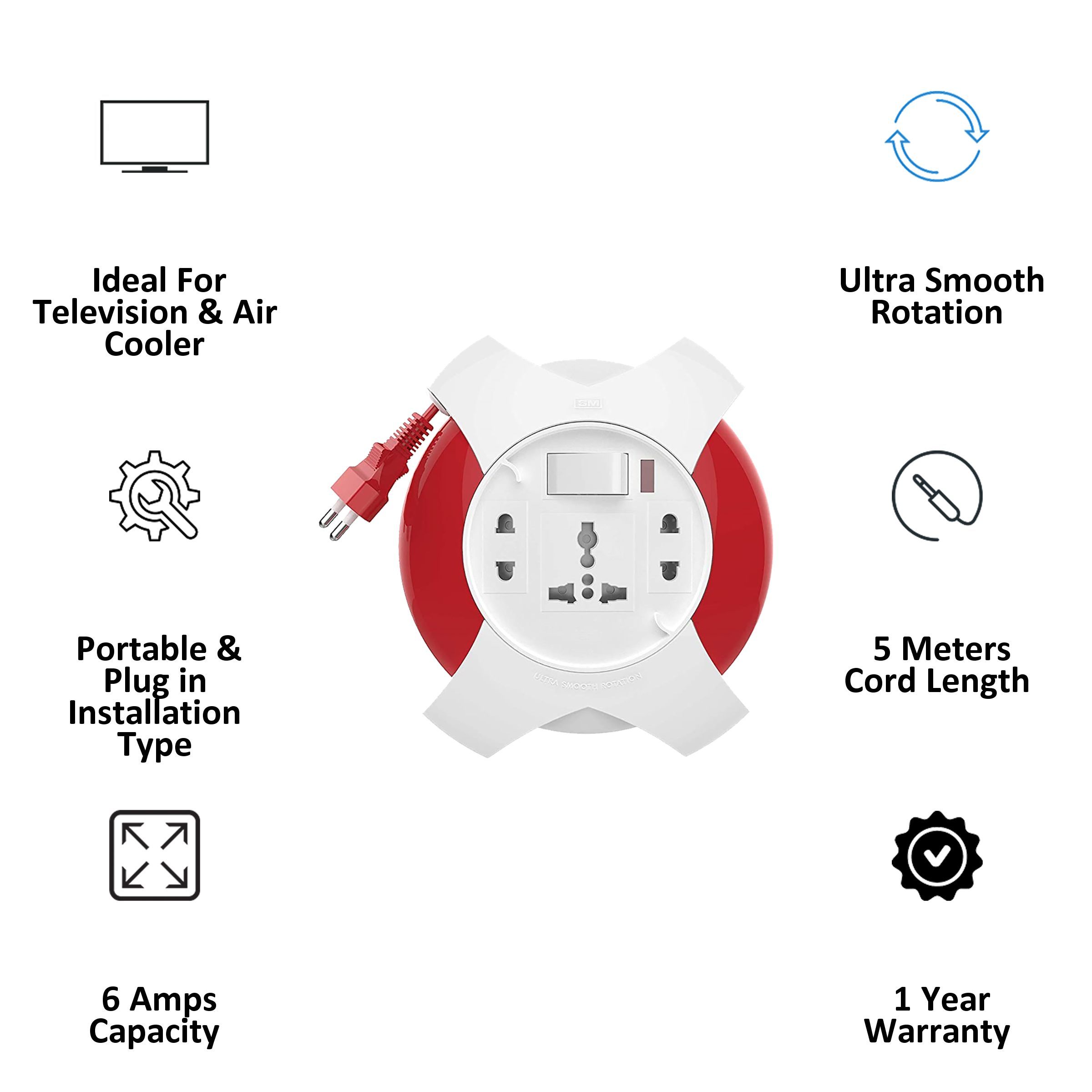 GM G Star 6 Amp 3 Sockets Extension Board ( 5 Meters, Ultra Smooth Rotation, GM 3042, White/Red) GM G Star 6 Amp 3 Sockets Extension Board ( 5 Meters, Ultra Smooth Rotation, GM 3042, White/Red)_3