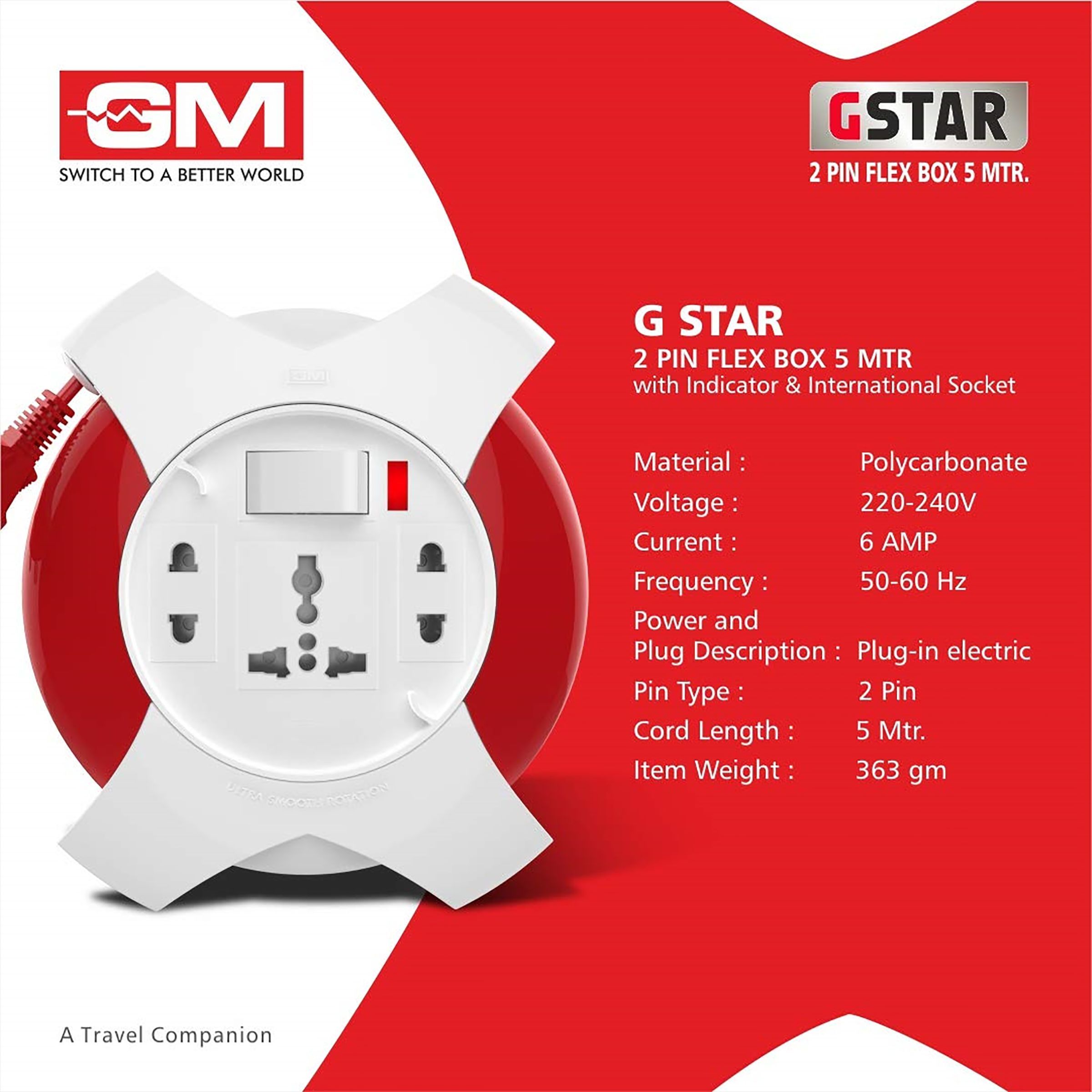 GM G Star 6 Amp 3 Sockets Extension Board ( 5 Meters, Ultra Smooth Rotation, GM 3042, White/Red) GM G Star 6 Amp 3 Sockets Extension Board ( 5 Meters, Ultra Smooth Rotation, GM 3042, White/Red)_5