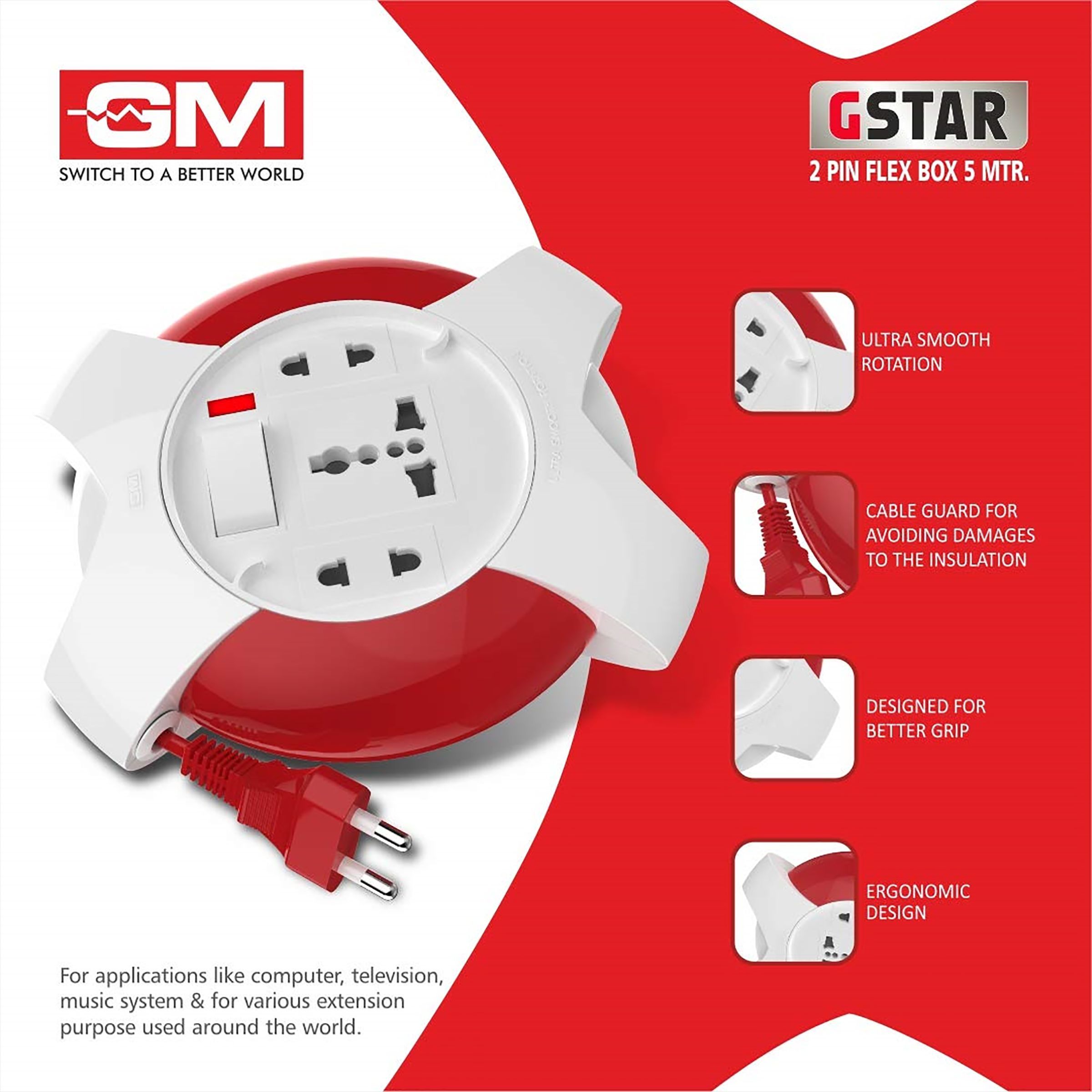 GM G Star 6 Amp 3 Sockets Extension Board ( 5 Meters, Ultra Smooth Rotation, GM 3042, White/Red) GM G Star 6 Amp 3 Sockets Extension Board ( 5 Meters, Ultra Smooth Rotation, GM 3042, White/Red)_6