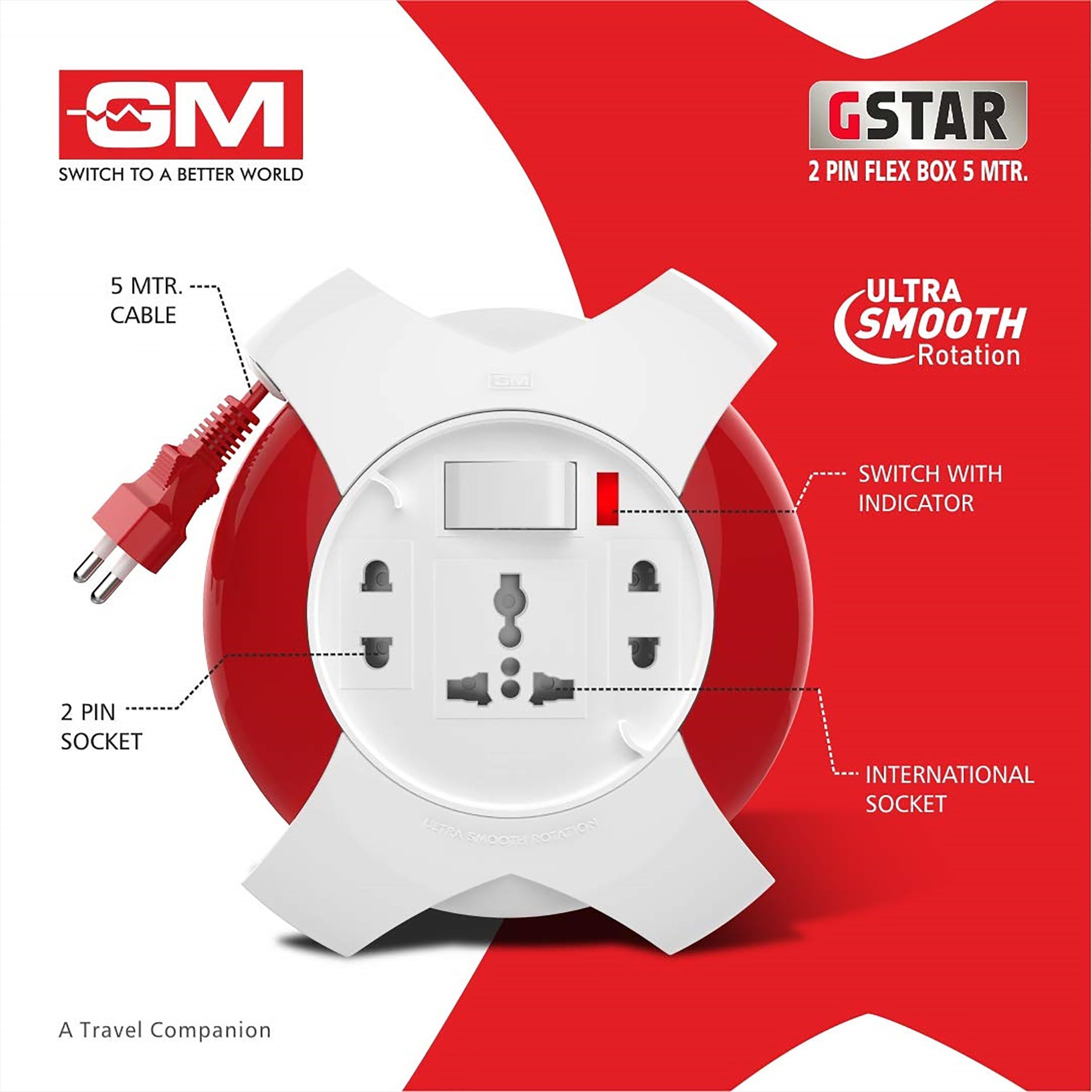 GM G Star 6 Amp 3 Sockets Extension Board ( 5 Meters, Ultra Smooth Rotation, GM 3042, White/Red) GM G Star 6 Amp 3 Sockets Extension Board ( 5 Meters, Ultra Smooth Rotation, GM 3042, White/Red)_7