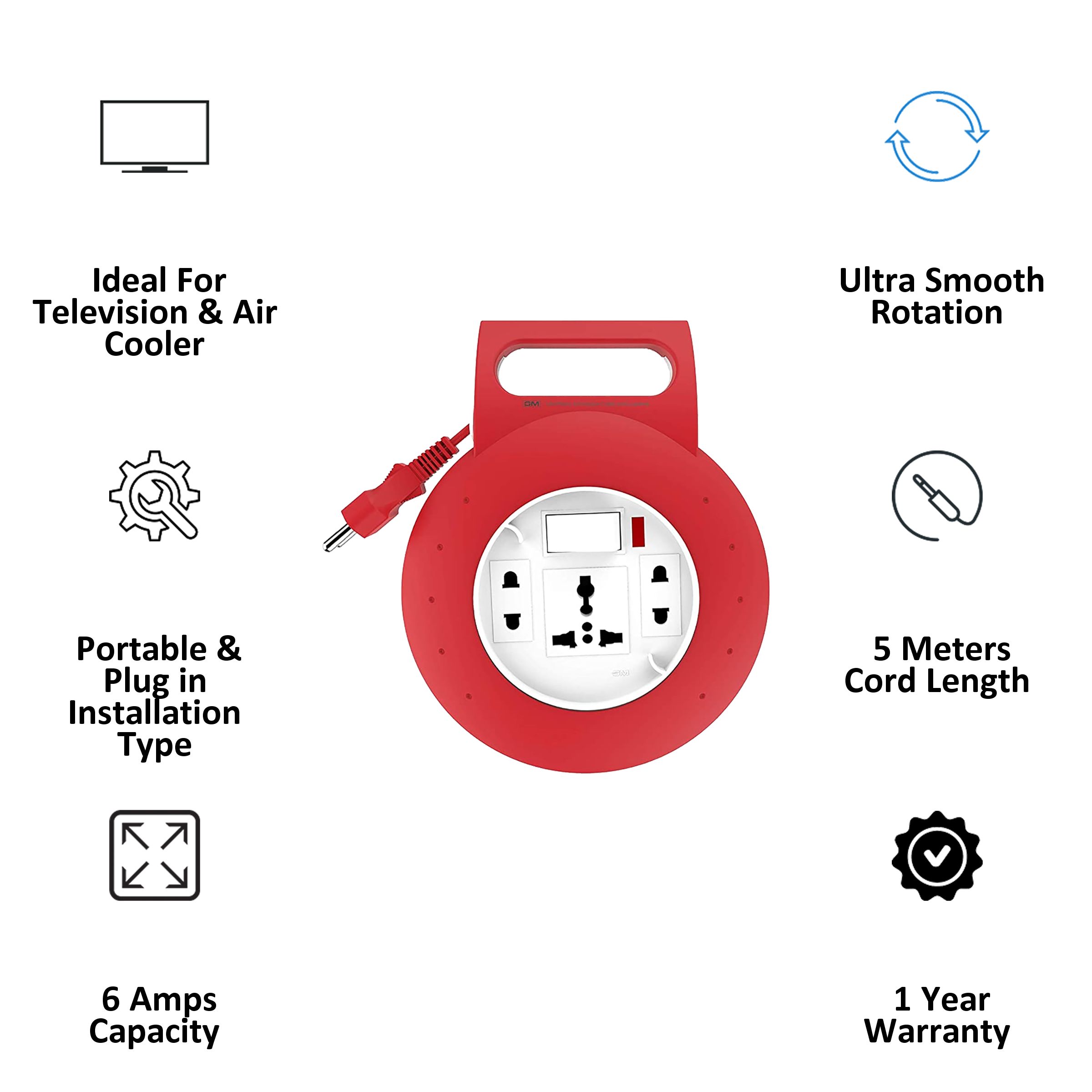 GM Jewel 6 Amp 3 Sockets Extension Board 5 Meters (Ultra Smooth Rotation, GM 3043, Red)_3