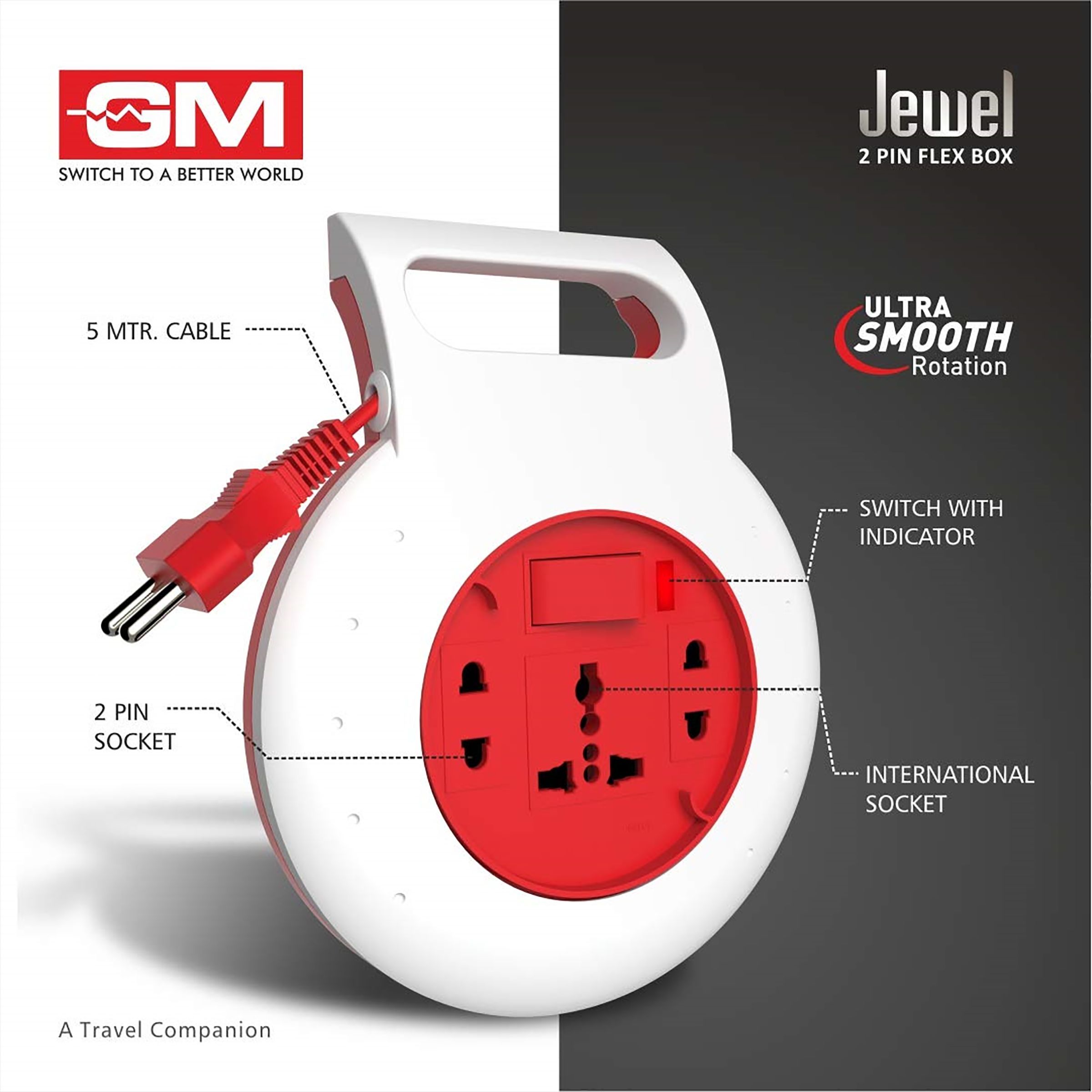 GM Jewel 6 Amp 3 Sockets Extension Board 5 Meters (Ultra Smooth Rotation, GM 3043, Red)_6