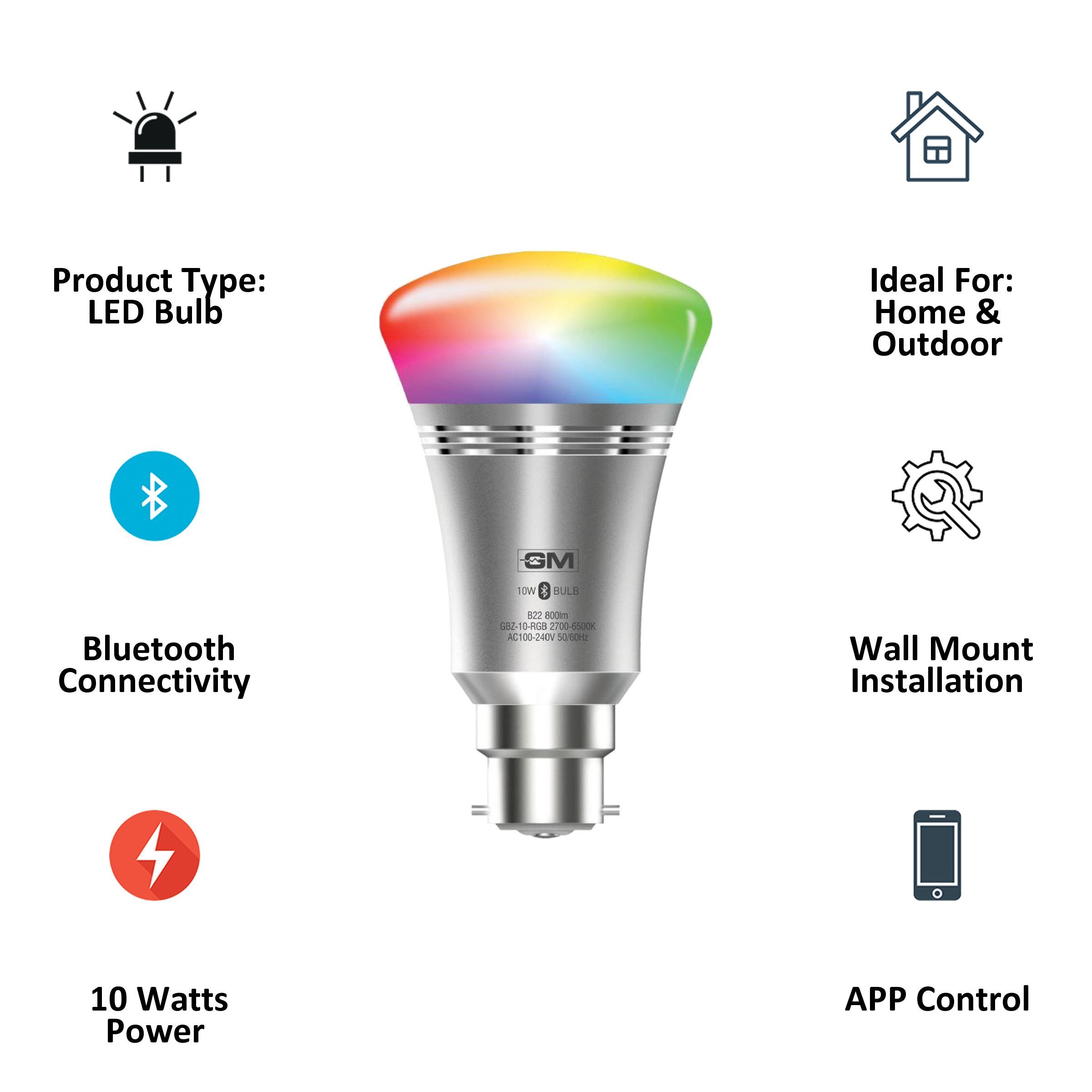 GM Glitz Air 10 Watts LED Smart Bulb (Color Changing App Controlled Bluetooth, GBZ-10-RGBWW-NA, Multicolor/Silver)_2