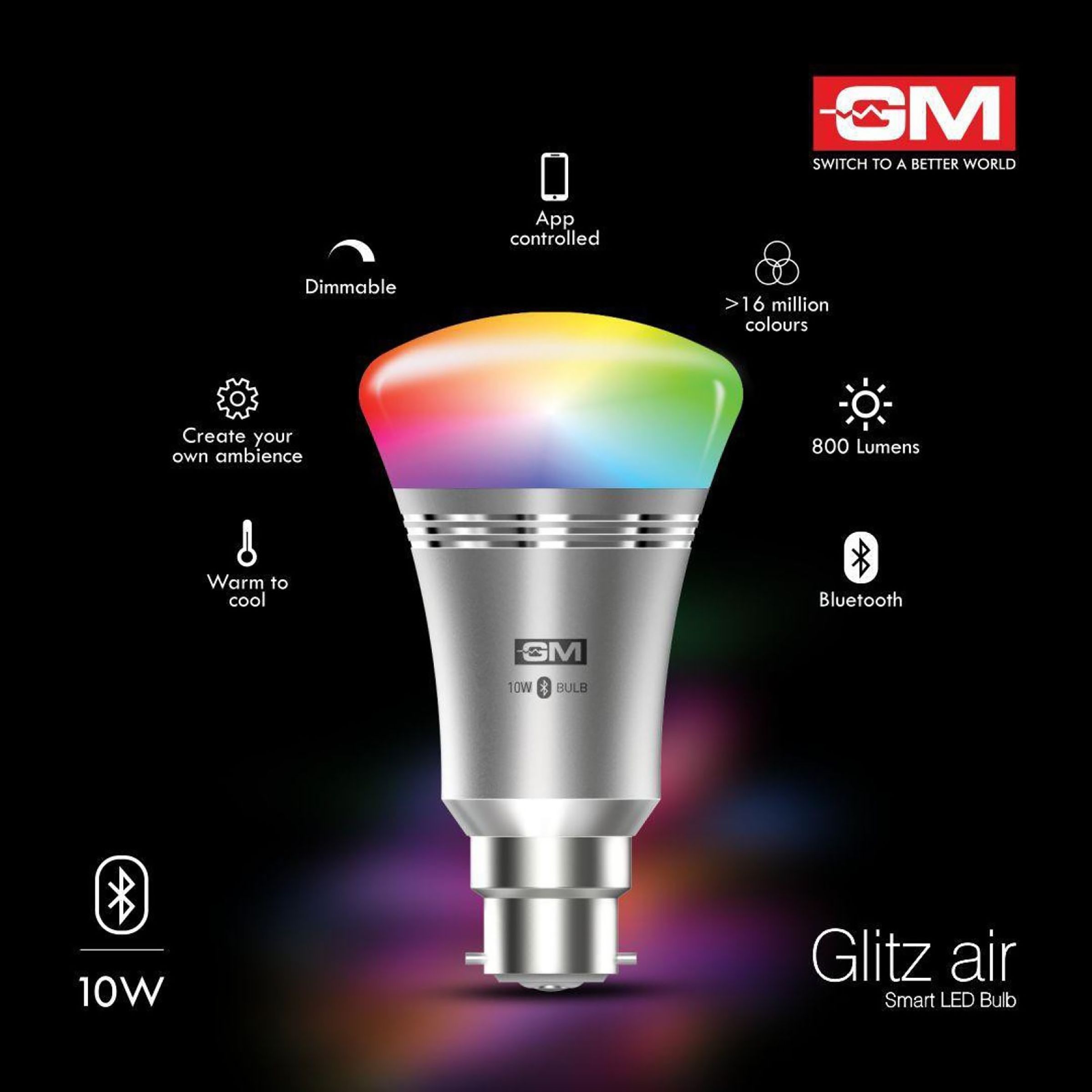 GM Glitz Air 10 Watts LED Smart Bulb (Color Changing App Controlled Bluetooth, GBZ-10-RGBWW-NA, Multicolor/Silver)_6