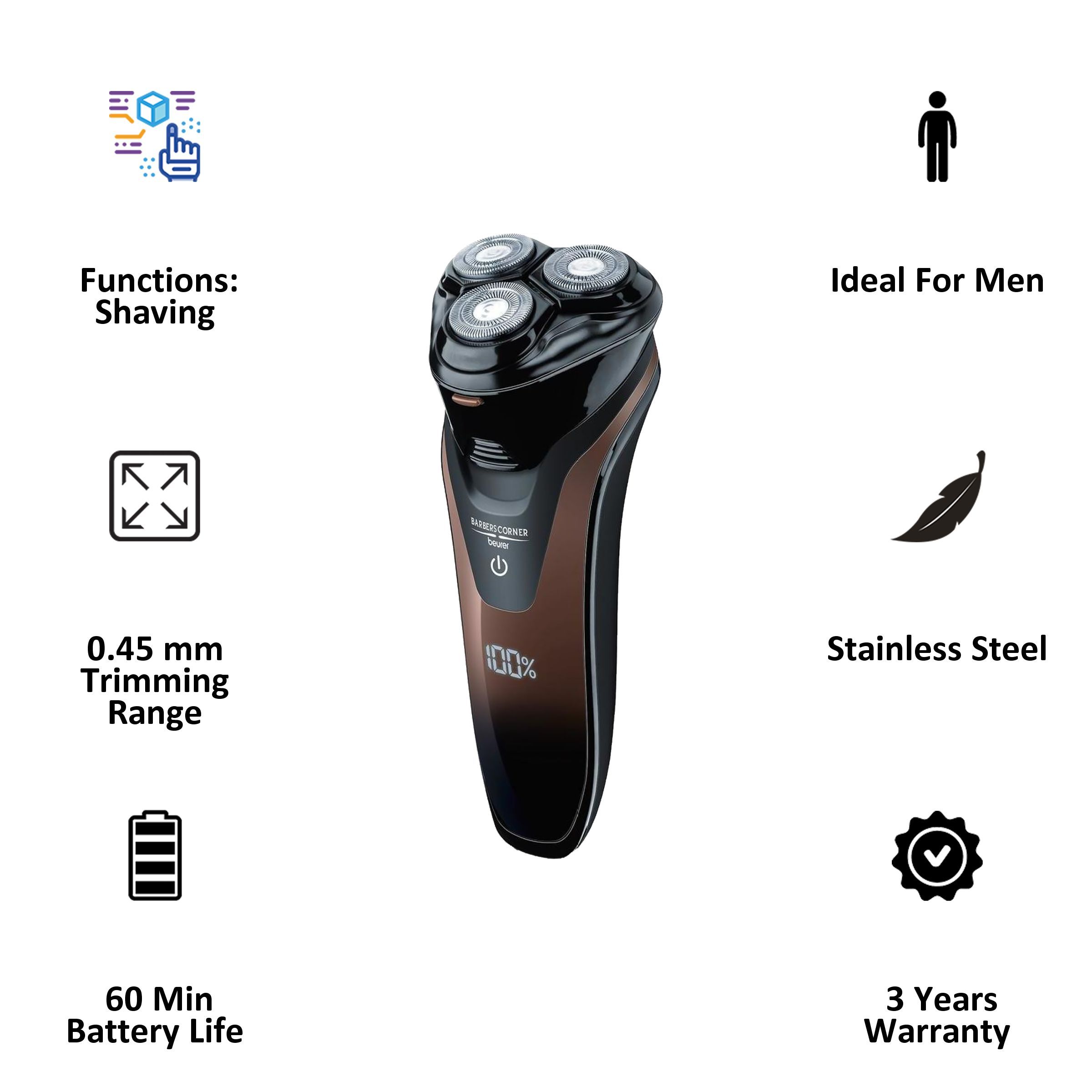 beurer HR 8000 Rechargeable Cordless Dry Shaver for Beard for Men (60mins Runtime, Fast Charging, Black)_3