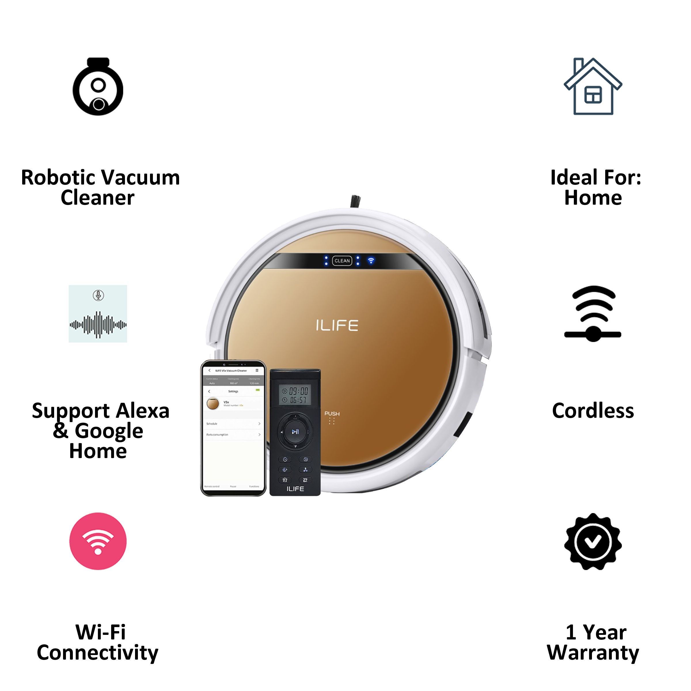 ILIFE V5x Robotic Vacuum Cleaner (0.3 Litres Tank, Gold)_3