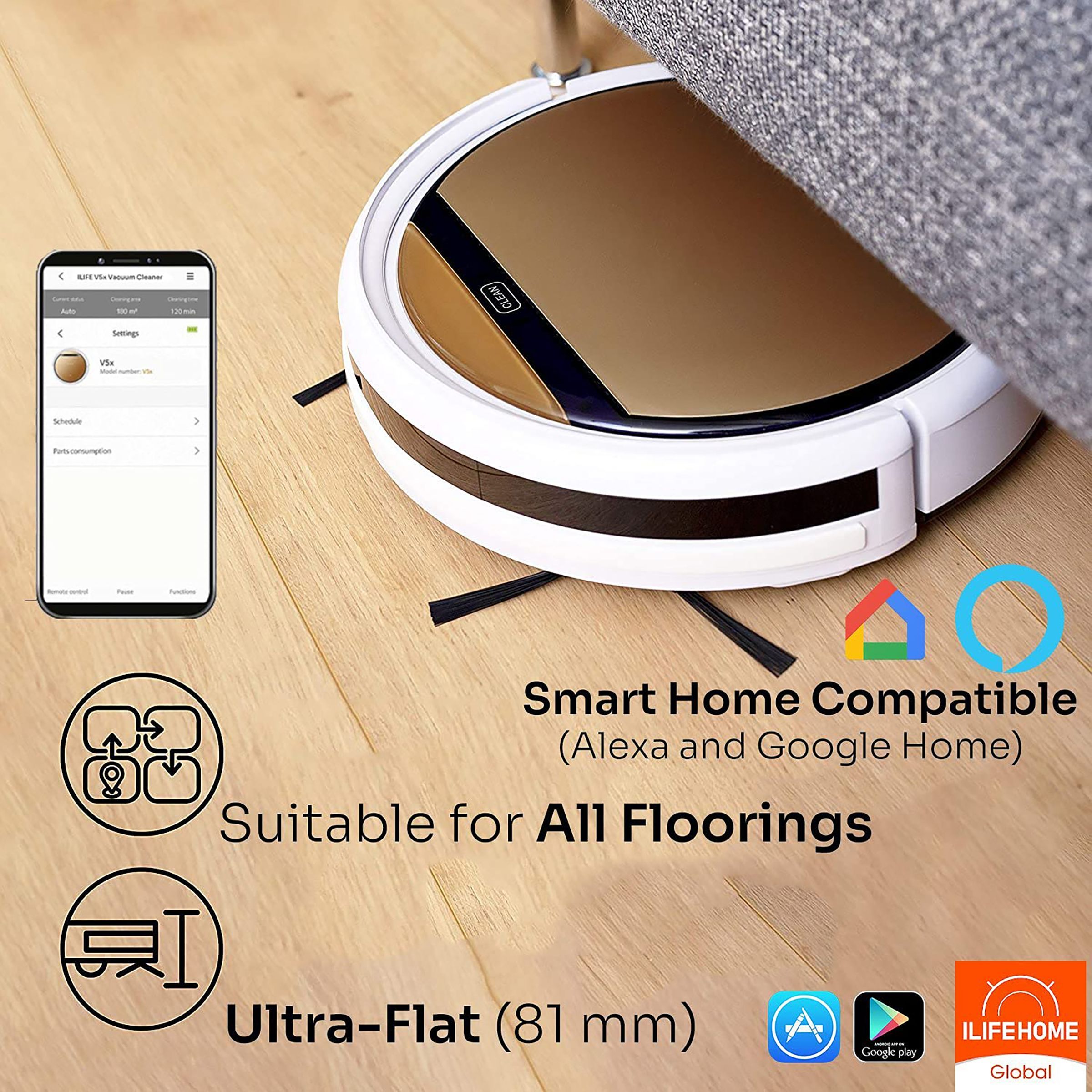 ILIFE V5x Robotic Vacuum Cleaner (0.3 Litres Tank, Gold)_9