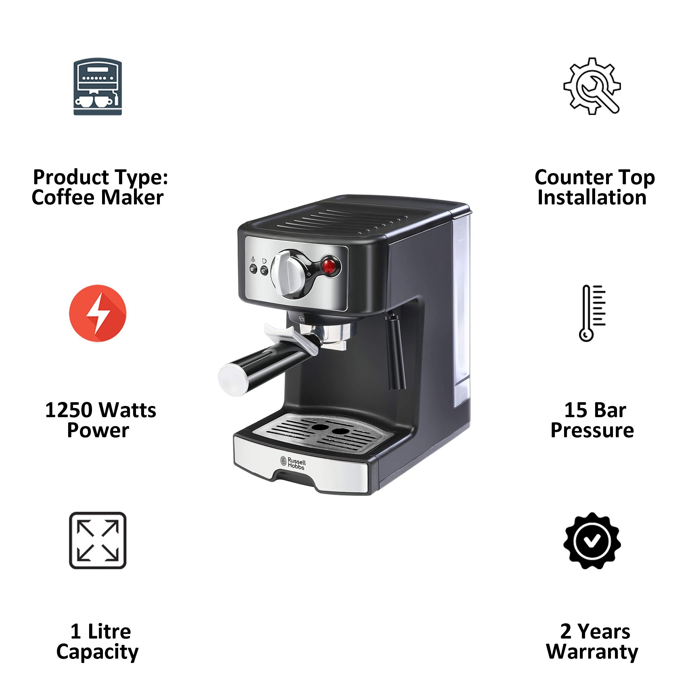 Russell Hobbs Automatic Coffee Maker (Makes Espresso, 15 Bar Pressure, 190713A, Black) Russell Hobbs Automatic Coffee Maker (Makes Espresso, 15 Bar Pressure, 190713A, Black)_6
