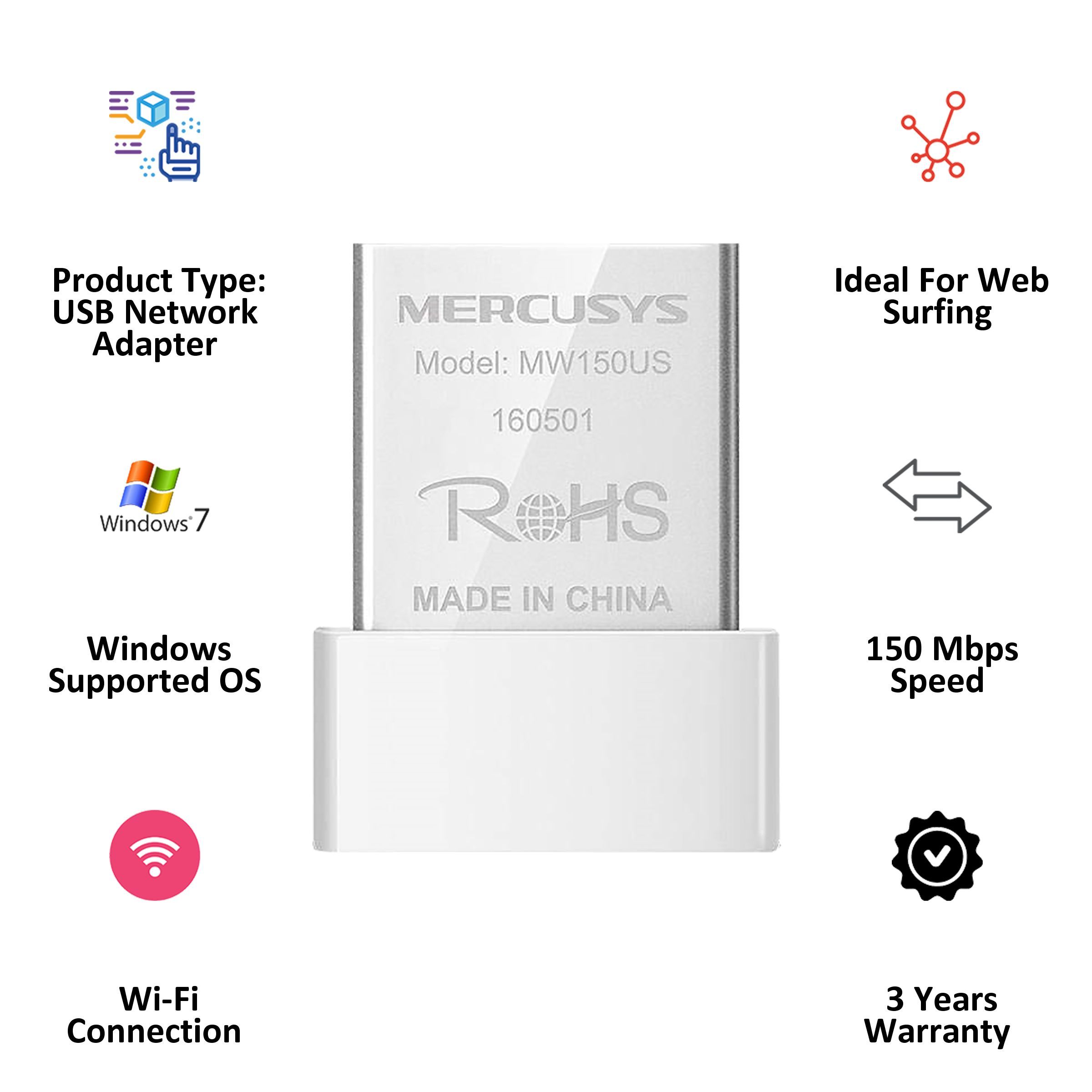 MERCUSYS MW150US Single Band Network Adapter (1 Antenna, Plug & Play (Built-in Driver), Nano Size, White)_4