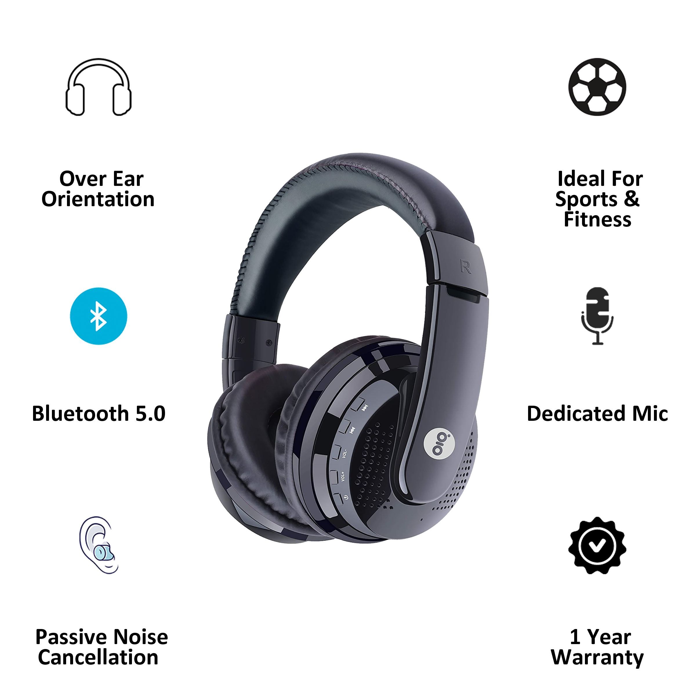 GIZmore Giz Over-Ear MH411 Passive Noise Cancellation Wireless Headphone with Mic (Bluetooth 5.0, Built-In Microphone, Black)_3