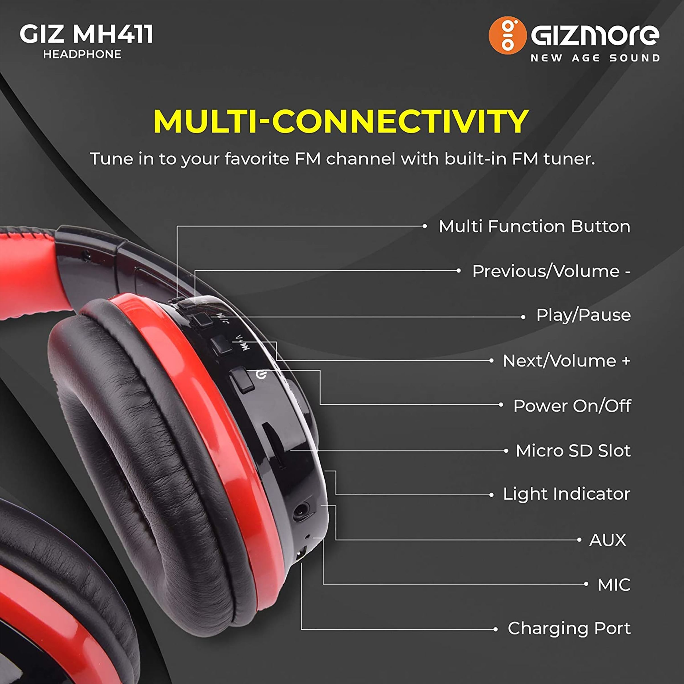 GIZmore Giz Over-Ear MH411 Passive Noise Cancellation Wireless Headphone with Mic (Bluetooth 5.0, Built-In Microphone, Black)_4