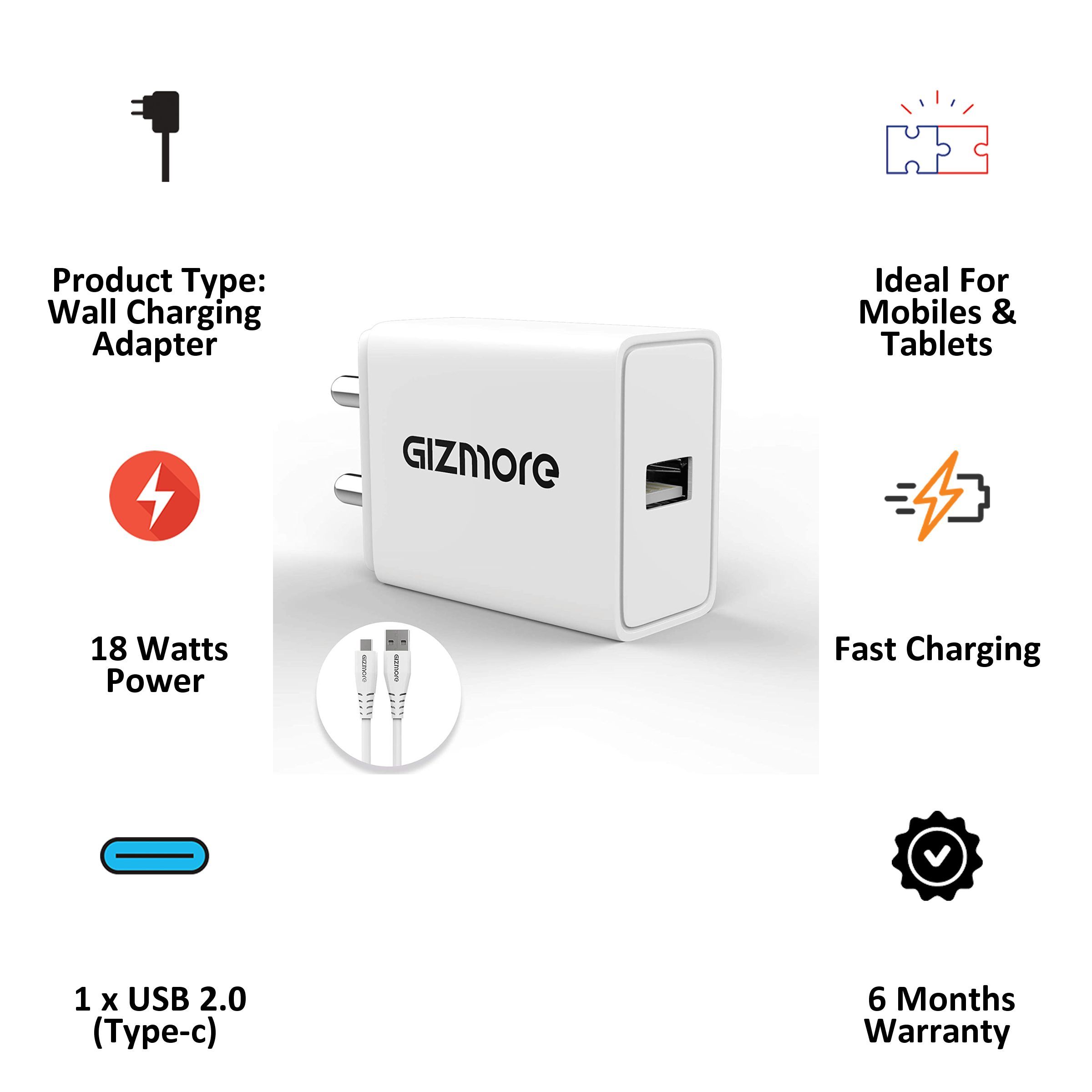 GIZmore Giz 18W Type C Fast Charger (USB Type C Cable, Over Voltage Protection, White)_3