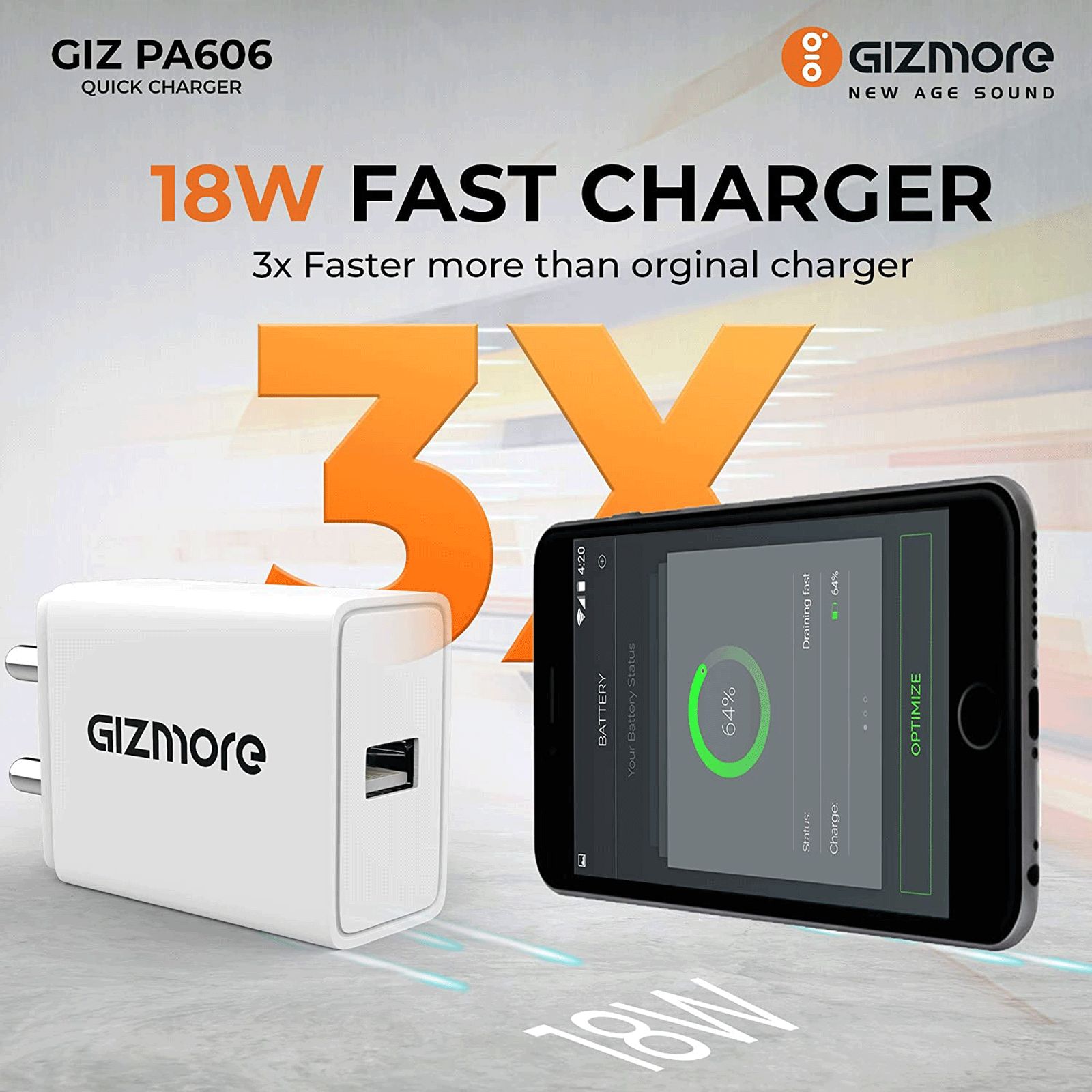 GIZmore Giz 18W Type C Fast Charger (USB Type C Cable, Over Voltage Protection, White)_6