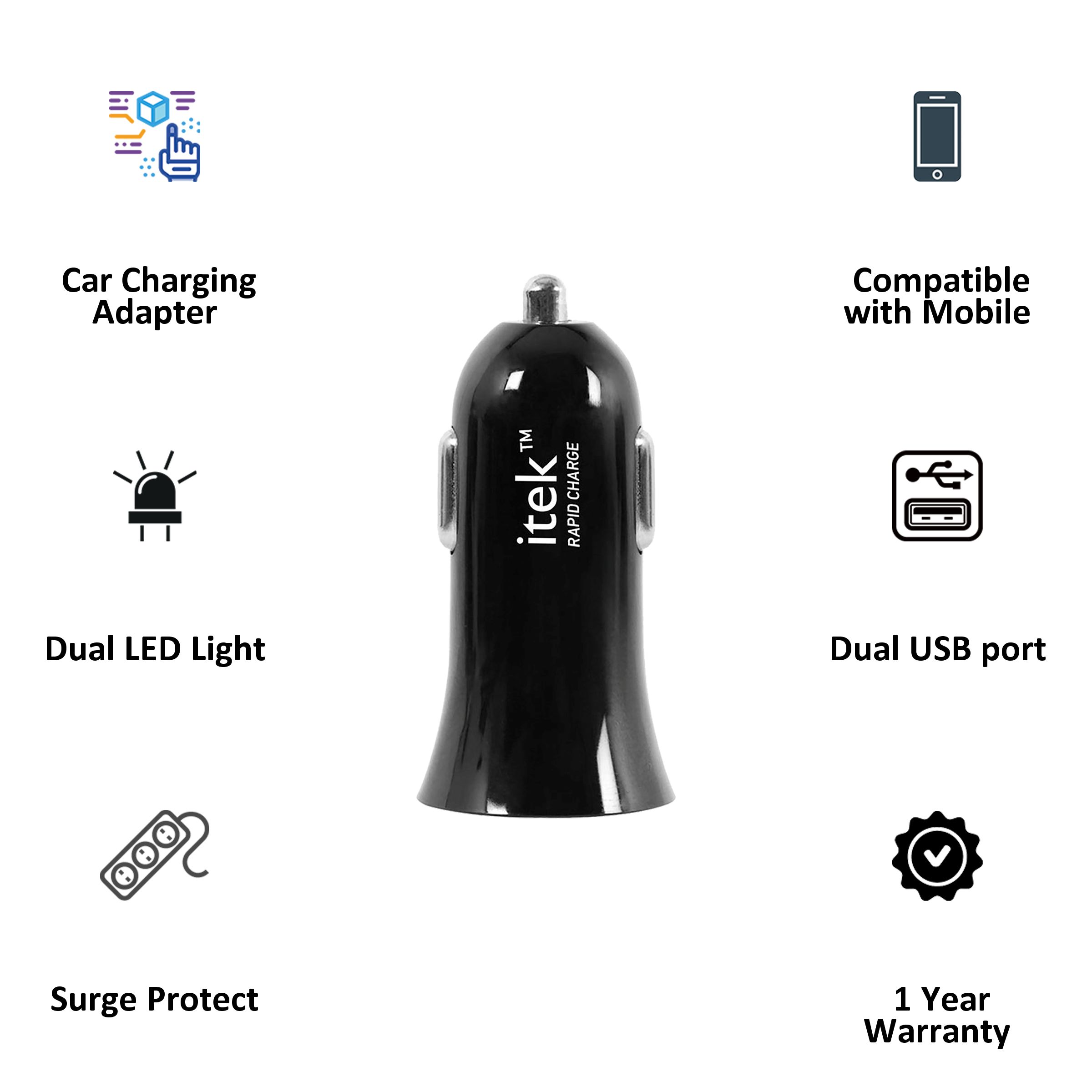 itek CCH004_BK 2 USB Ports Car Charging Adapter (Smart Microchip, Jet Black)_3