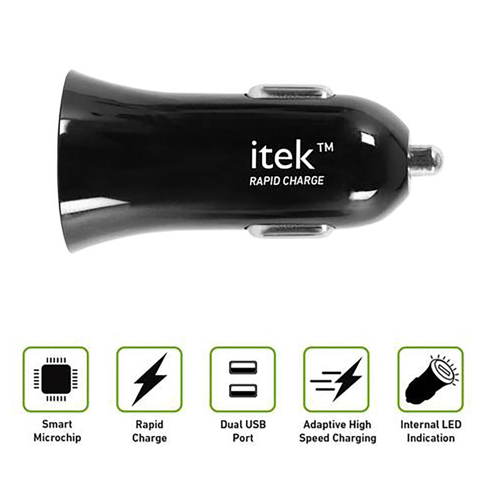 itek CCH004_BK 2 USB Ports Car Charging Adapter (Smart Microchip, Jet Black)_6