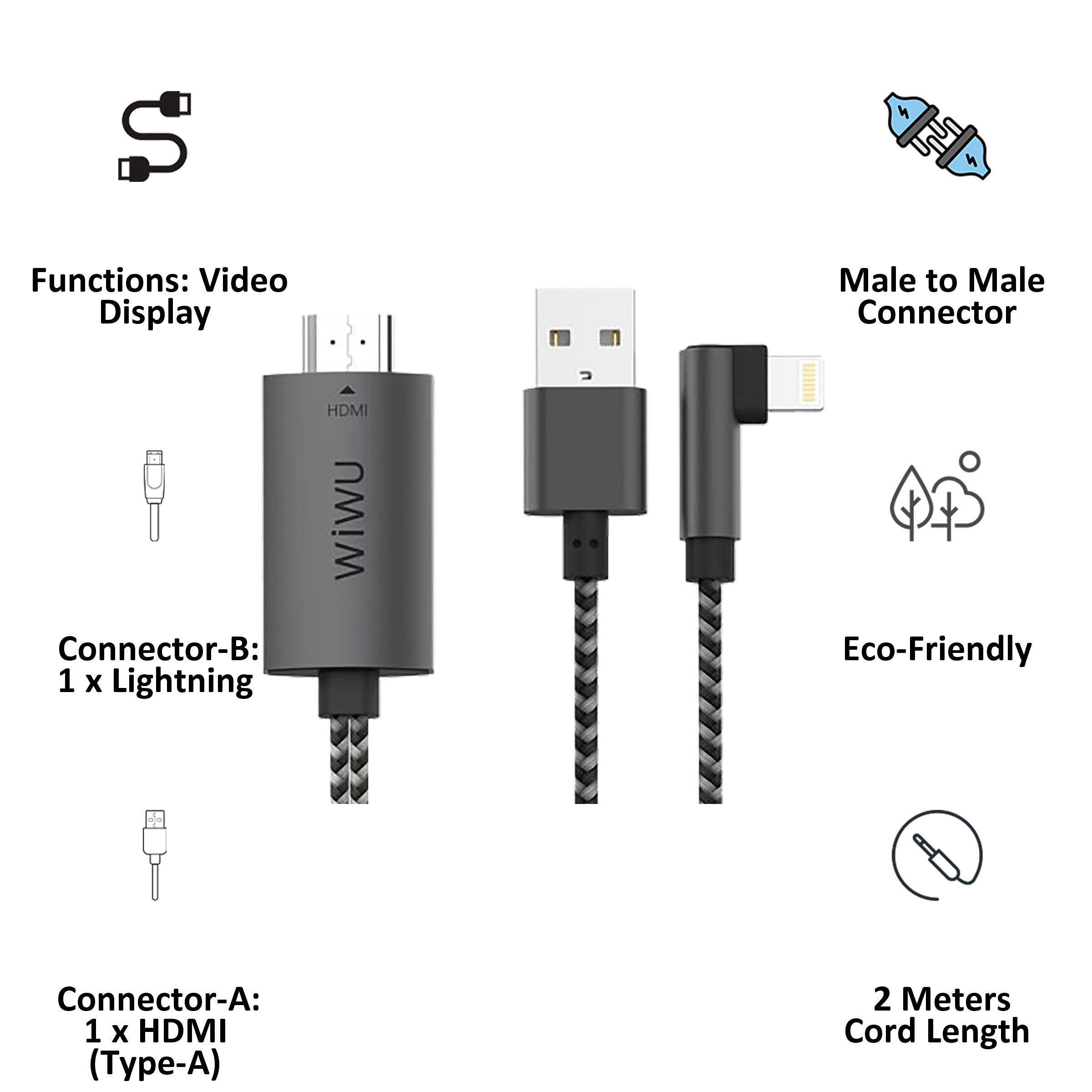 WiWU X7 2 Meter HDMI (Type-A) to Lightning/USB 2.0 (Type-A) Video Display Cable (Eco-Friendly, WU3473, Black)_3