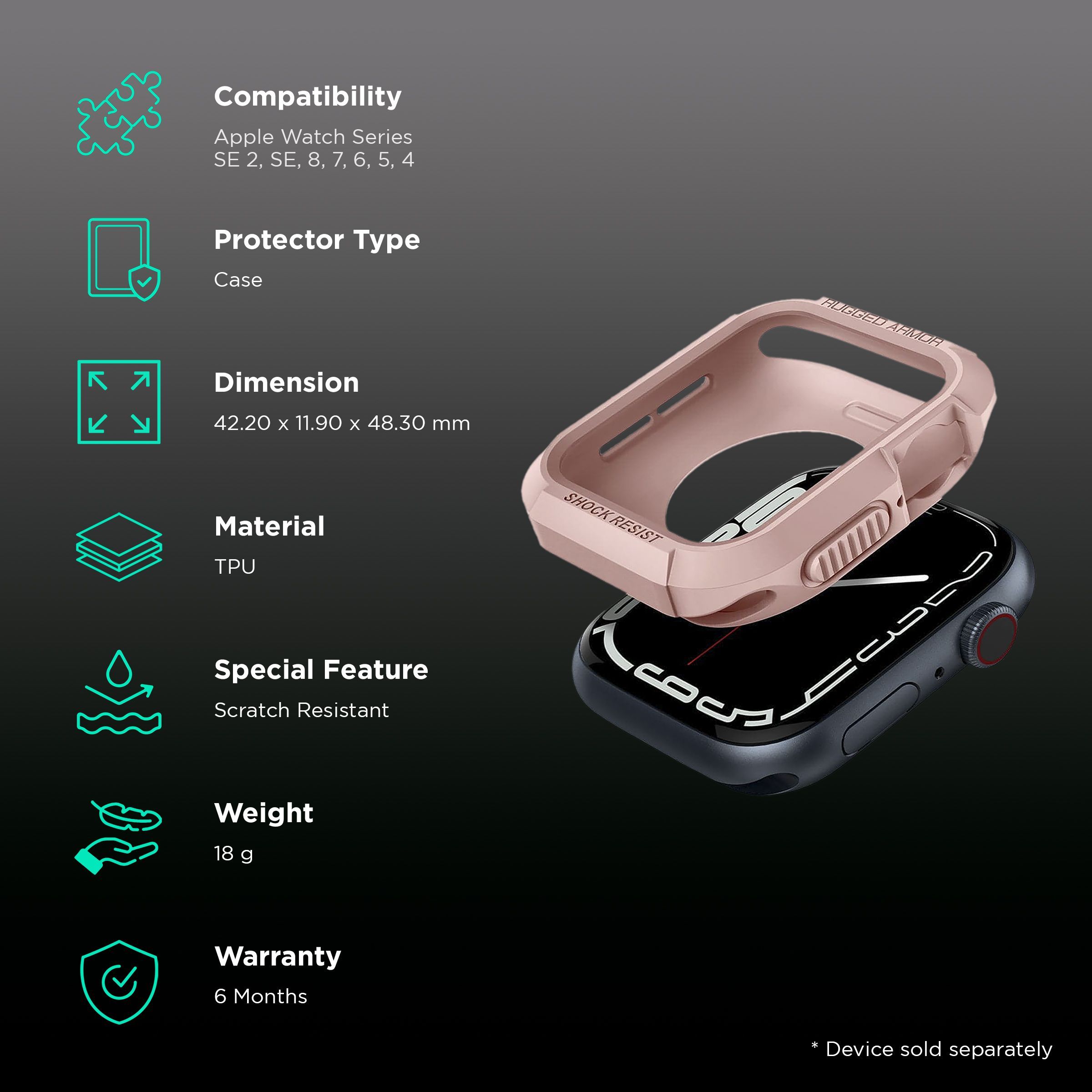 Spigen Rugged Armor TPU Case for Apple Watch Series SE 2, SE, 8, 7, 6, 5 & 4 (45mm / 44mm) (Shock-Absorbent Layer, Rose Gold)_2