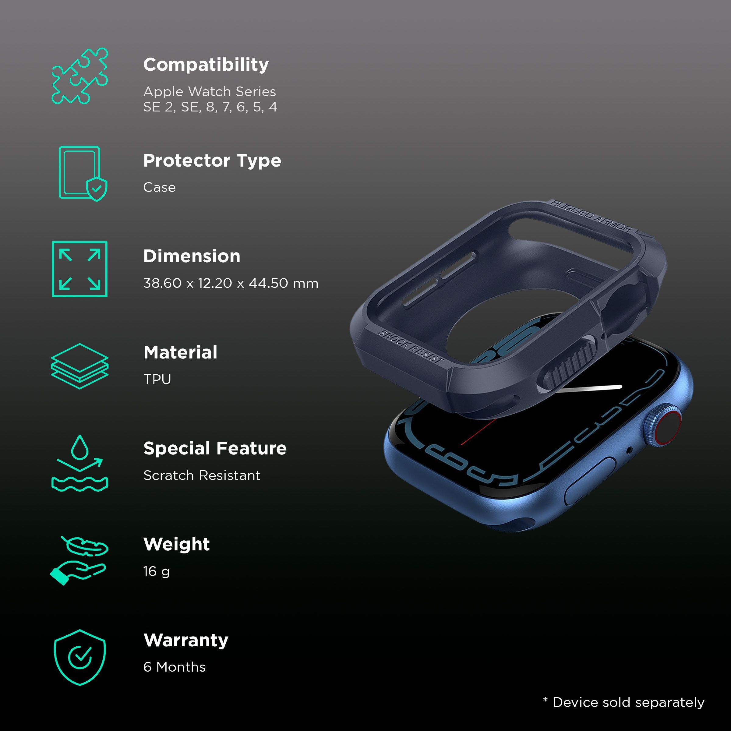 Spigen Rugged Armor TPU Case for Apple Watch Series SE 2, SE, 8, 7, 6, 5 & 4 (41mm / 40mm) (Shock-Absorbent Layer, Navy Blue)_2