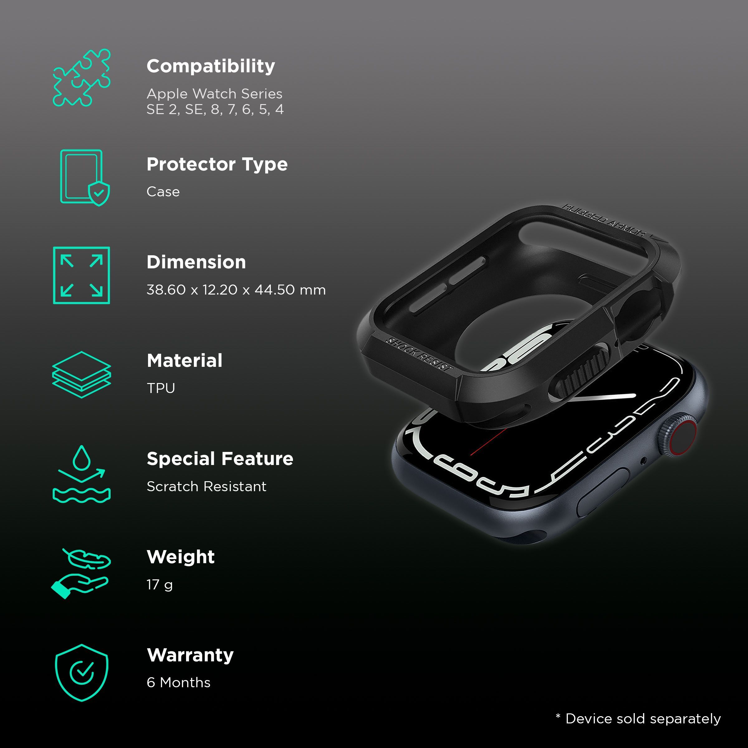 spigen Rugged Armor TPU Case for Apple Watch Series 9, 8, SE2, 7, 6, SE, 5, 4 (41mm / 40mm) (Raised Bezels, Matte Black) spigen Rugged Armor TPU Case for Apple Watch Series 9, 8, SE2, 7, 6, SE, 5, 4 (41mm / 40mm) (Raised Bezels, Matte Black)_2