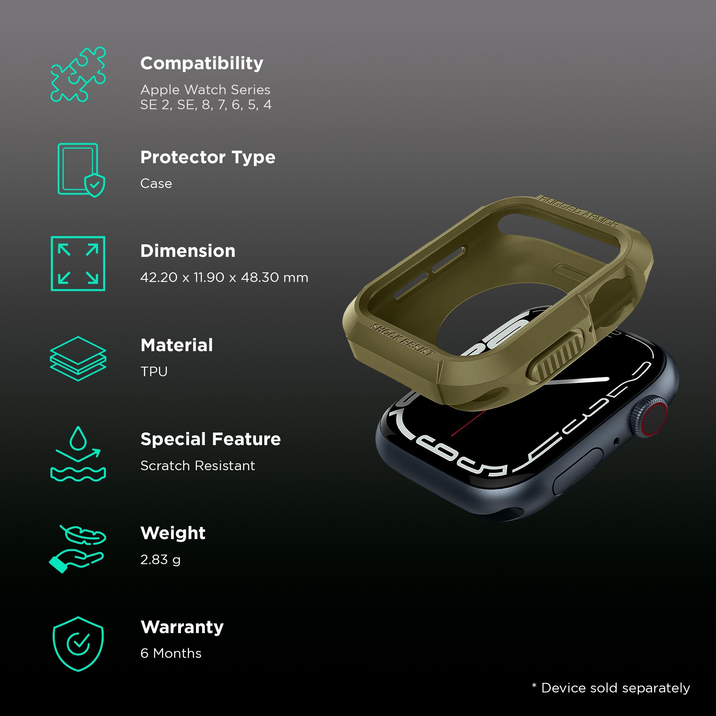 Spigen Rugged Armor TPU Case for Apple Watch Series SE 2, SE, 8, 7, 6, 5 & 4 (45mm / 44mm) (Shock-Absorbent Layer, Olive Green)_2