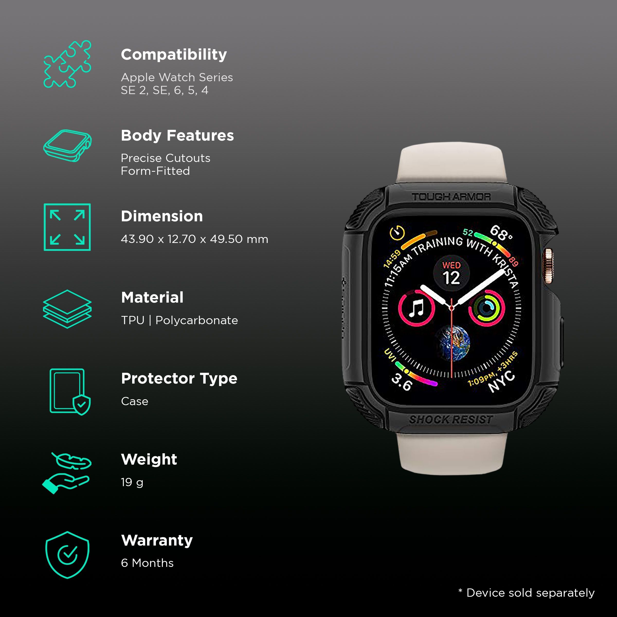 Spigen Tough Armor TPU & Polycarbonate Case for Apple Watch Series SE 2, SE, 6, 5 & 4 (44mm) (Shock-Absorbent Layer, Black)_2