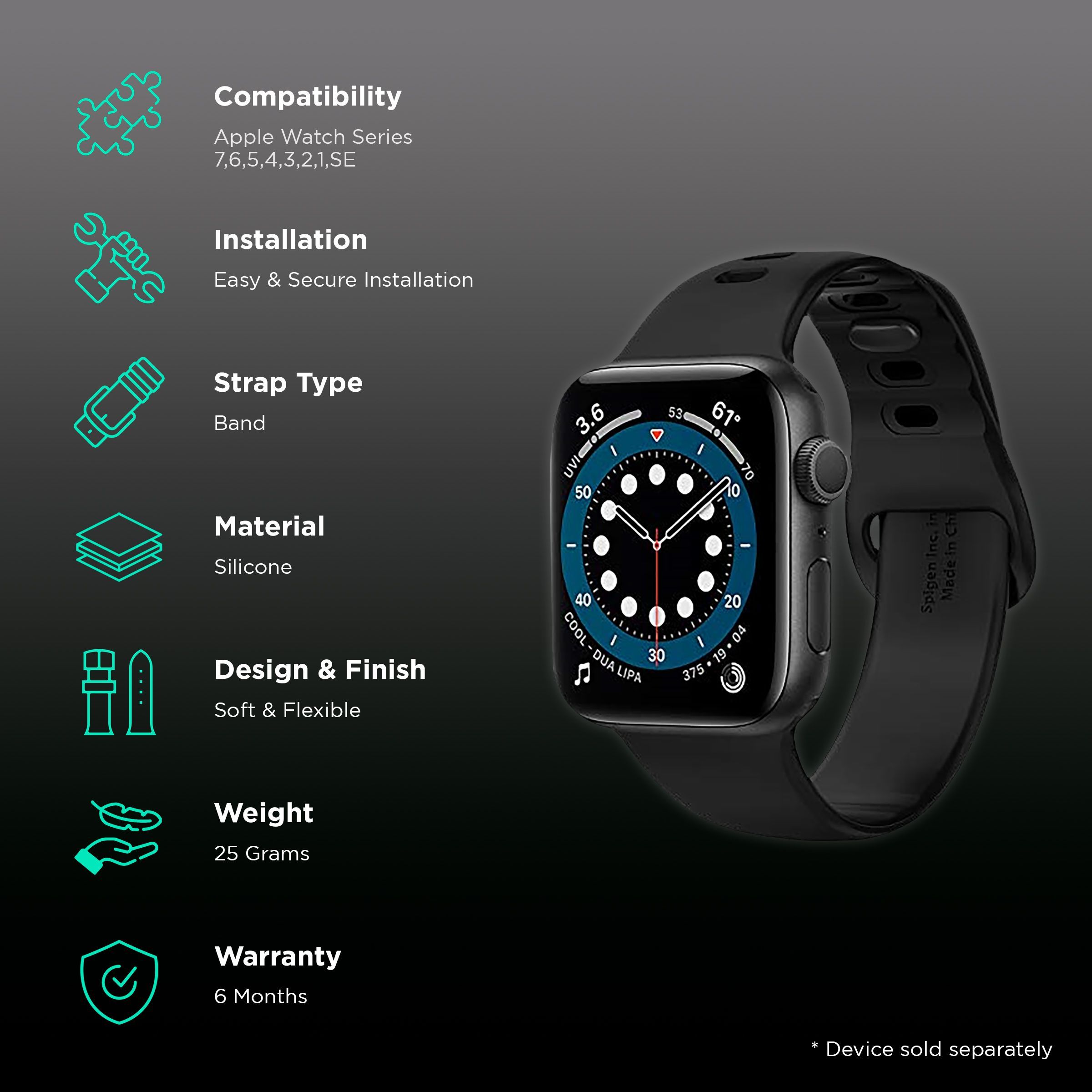 Spigen Silicone Band for Apple Watch Series SE, 7, 6, 5, 4, 3, 2 & 1 (41mm / 40mm / 38mm) (Adjustable Length, Black)_2