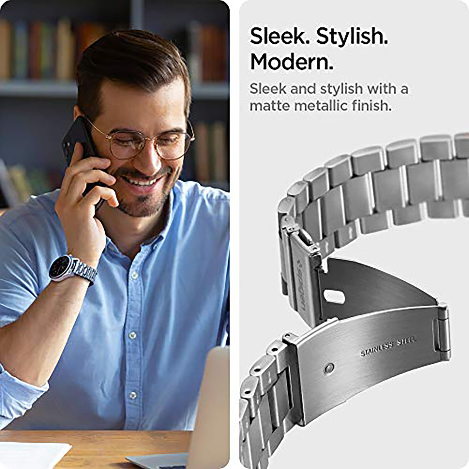 Spigen Modern Fit Stainless Steel Band for SAMSUNG Galaxy Watch Series 5, 5 Pro, 4, 4 Classic, 3, Active 1 & 2 (40mm / 41mm / 42mm / 44mm / 45mm / 46mm) (Metal Clasp, Silver)_10
