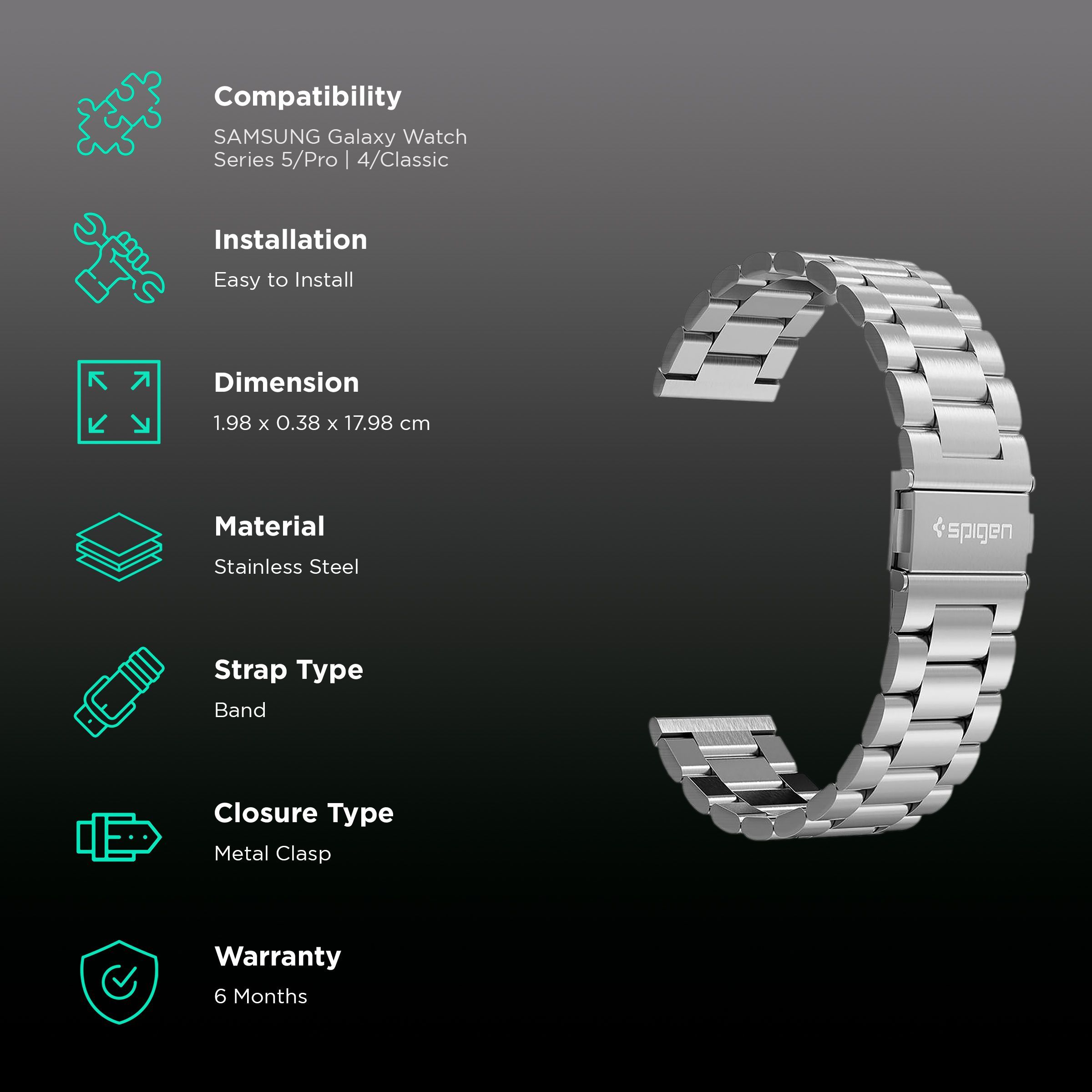 Spigen Modern Fit Stainless Steel Band for SAMSUNG Galaxy Watch Series 5, 5 Pro, 4, 4 Classic, 3, Active 1 & 2 (40mm / 41mm / 42mm / 44mm / 45mm / 46mm) (Metal Clasp, Silver)_2