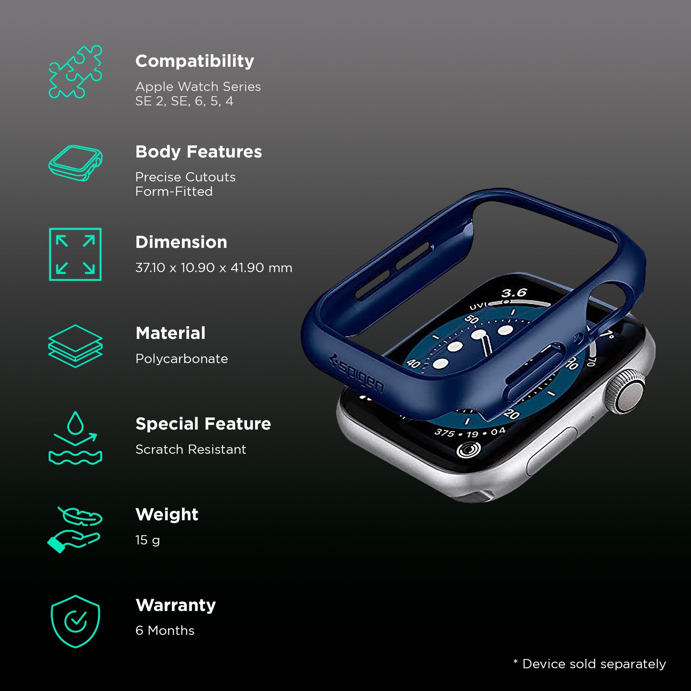 Spigen Thin Fit Polycarbonate Case for Apple Watch Series SE 2, SE, 6, 5 & 4 (40mm) (Razor-Thin Frame, Metallic Blue)_2