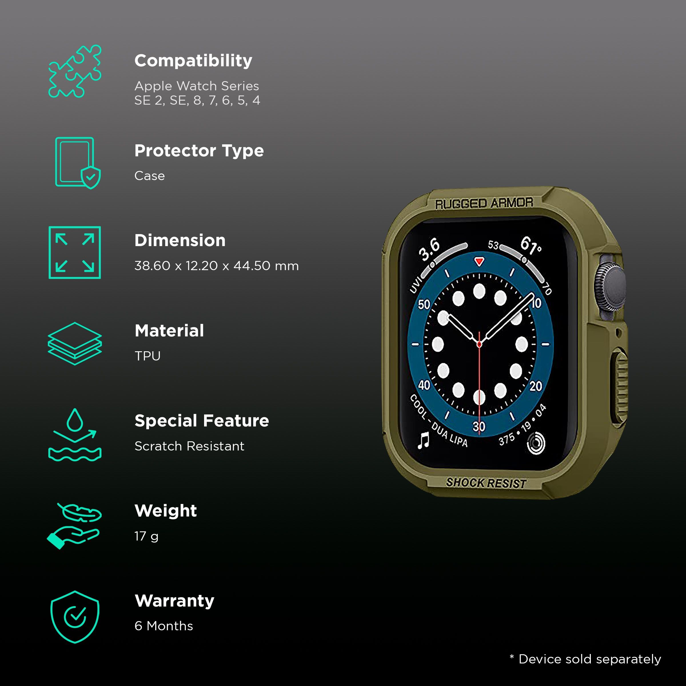 Spigen Rugged Armor TPU Case for Apple Watch Series SE 2, SE, 8, 7, 6, 5 & 4 (41mm / 40mm) (Shock-Absorbent Layer, Olive Green)_2