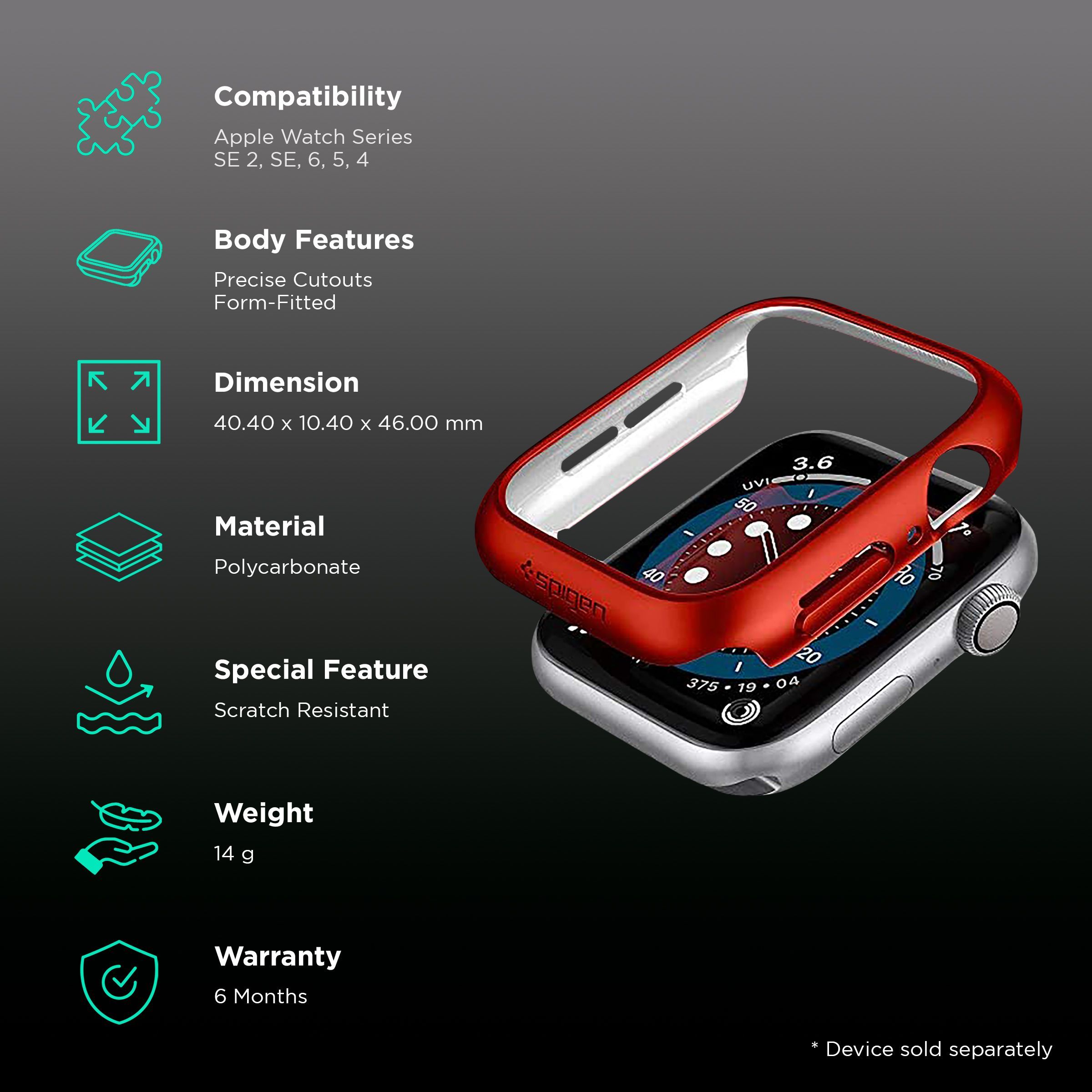 Spigen Thin Fit Polycarbonate Case for Apple Watch Series SE 2, SE, 6, 5 & 4 (44mm) (Razor-Thin Frame, Metallic Red)_2