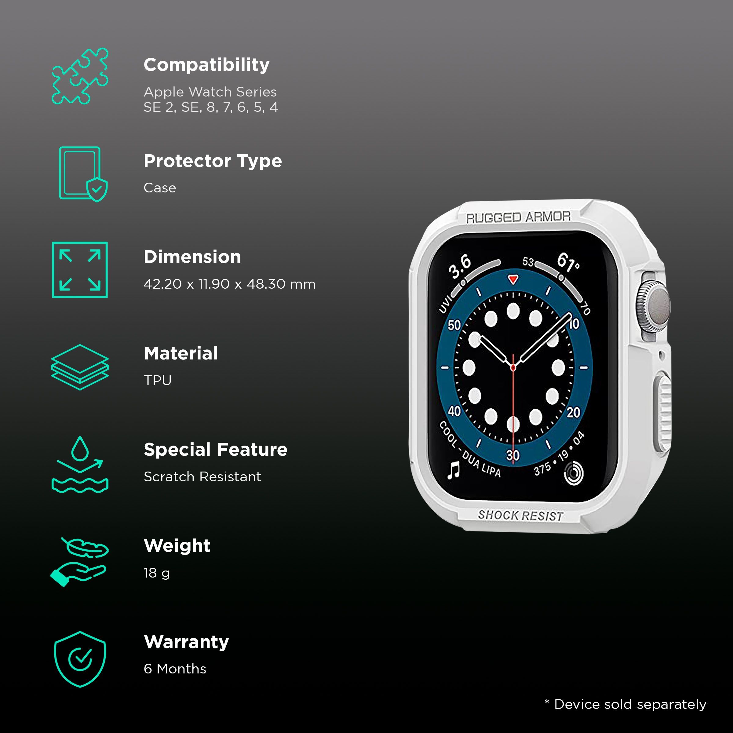 Spigen Rugged Armor TPU Case for Apple Watch Series SE 2, SE, 8, 7, 6, 5 & 4 (45mm / 44mm) (Shock-Absorbent Layer, White)_2