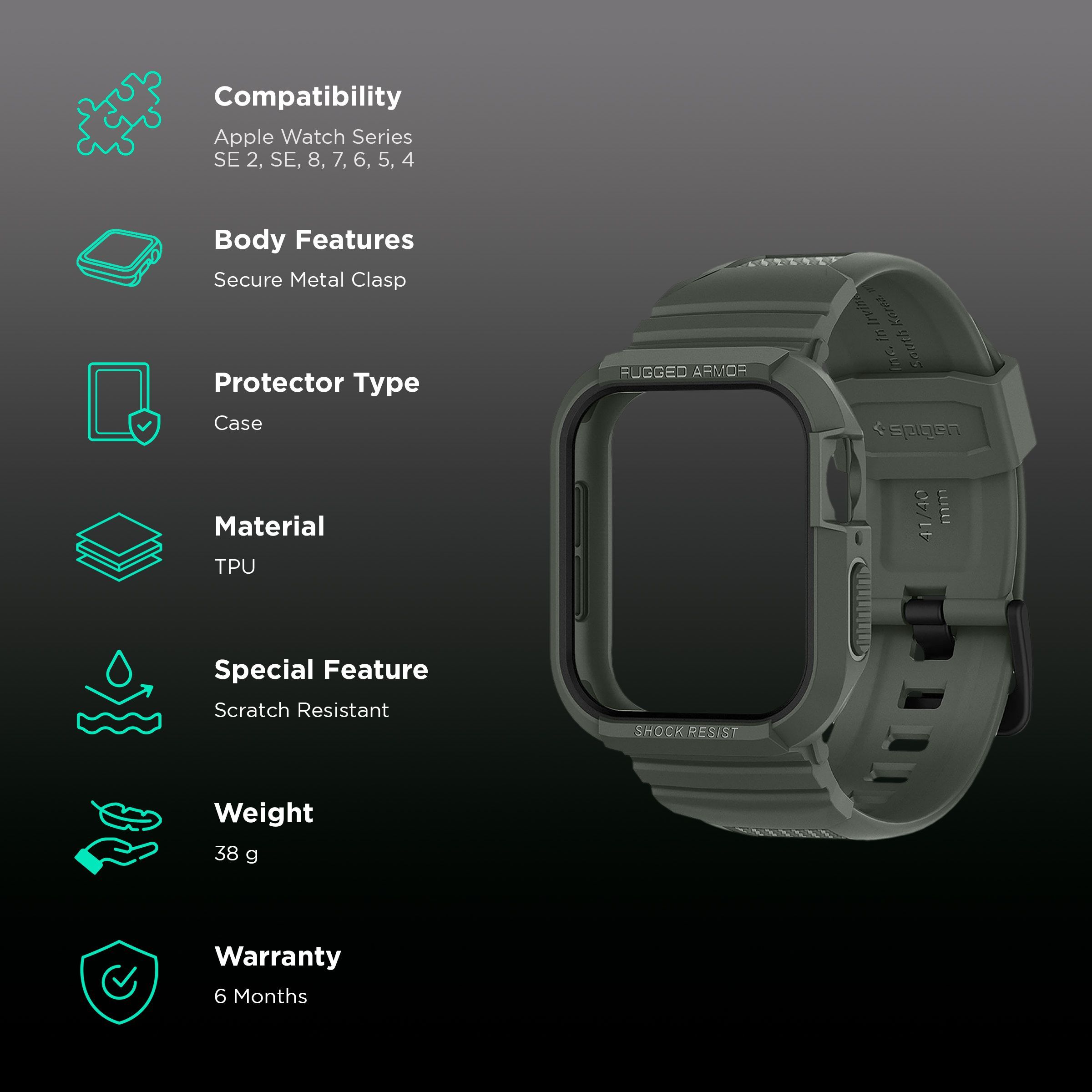Spigen Rugged Armor Pro TPU Case for Apple Watch Series SE 2, SE, 8, 7, 6, 5 & 4 (41mm / 40mm) (Shock-Absorbent Layer, Military Green)_2