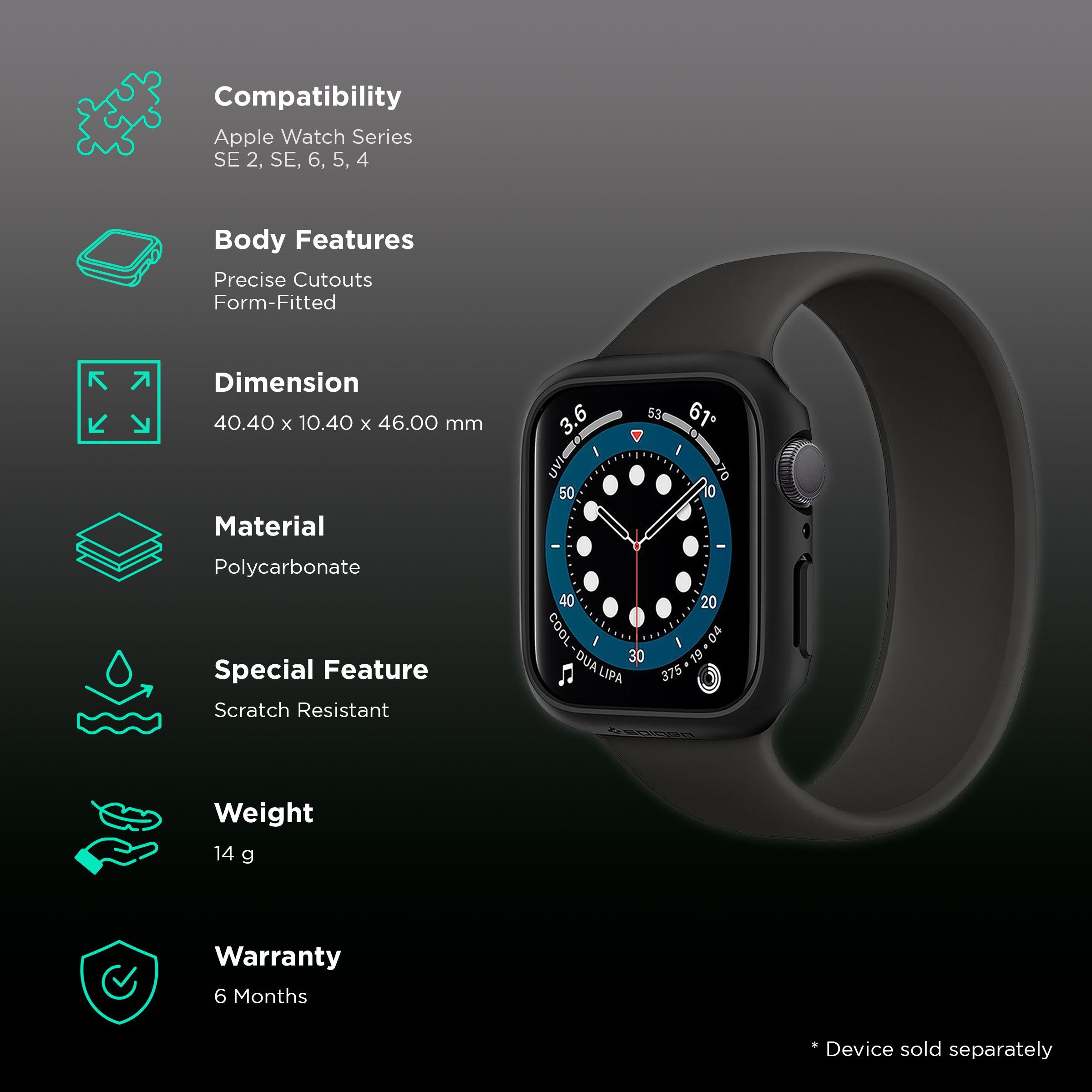 Spigen Thin Fit Polycarbonate Case for Apple Watch Series SE 2, SE, 6, 5 & 4 (44mm) (Razor-Thin Frame, Black)_2