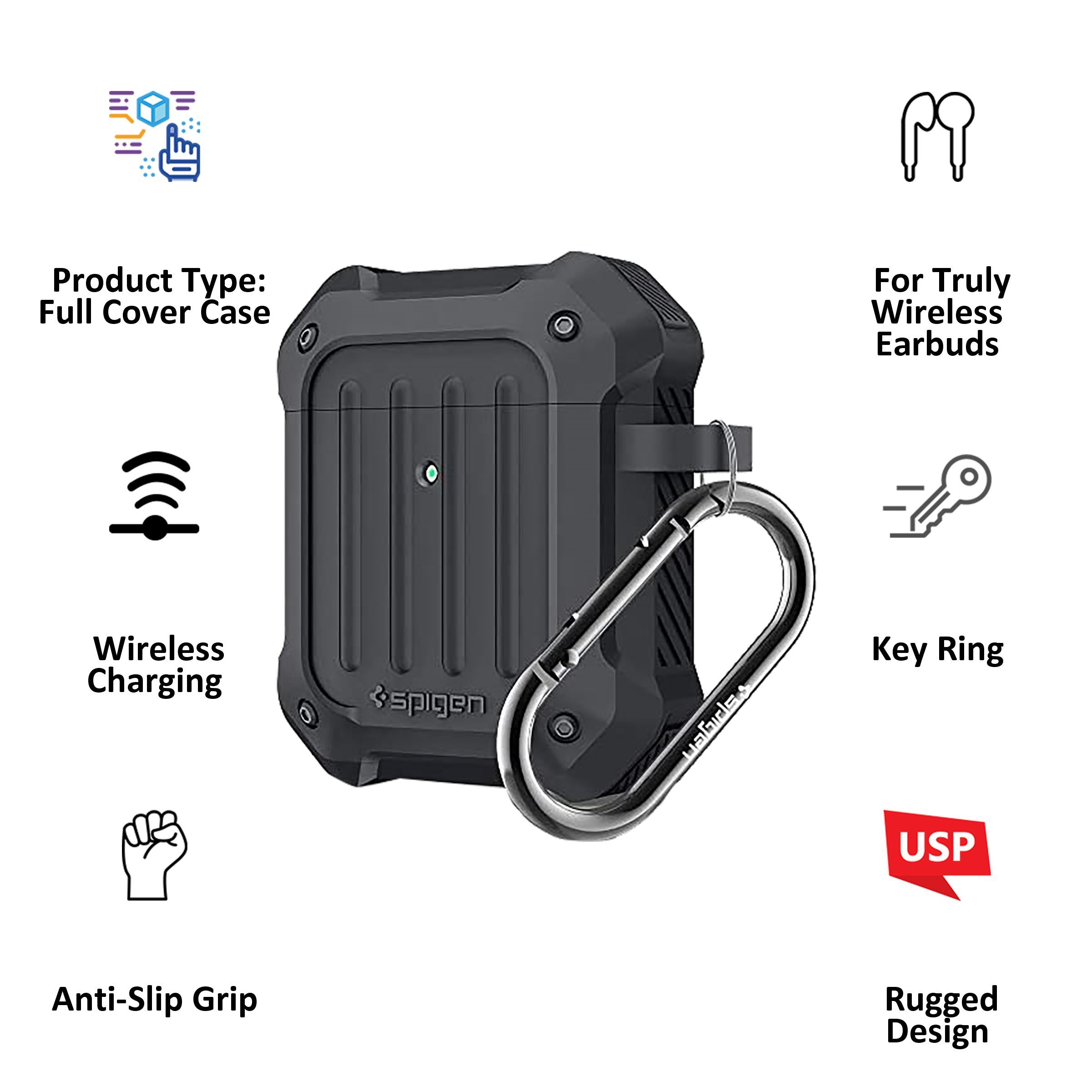 spigen Tough Armor Silicone Full Cover Case For Apple Airpods 1/Airpods 2 (Rugged Design For Daily Scratch Defense, 074CS26498, Charcoal)_2