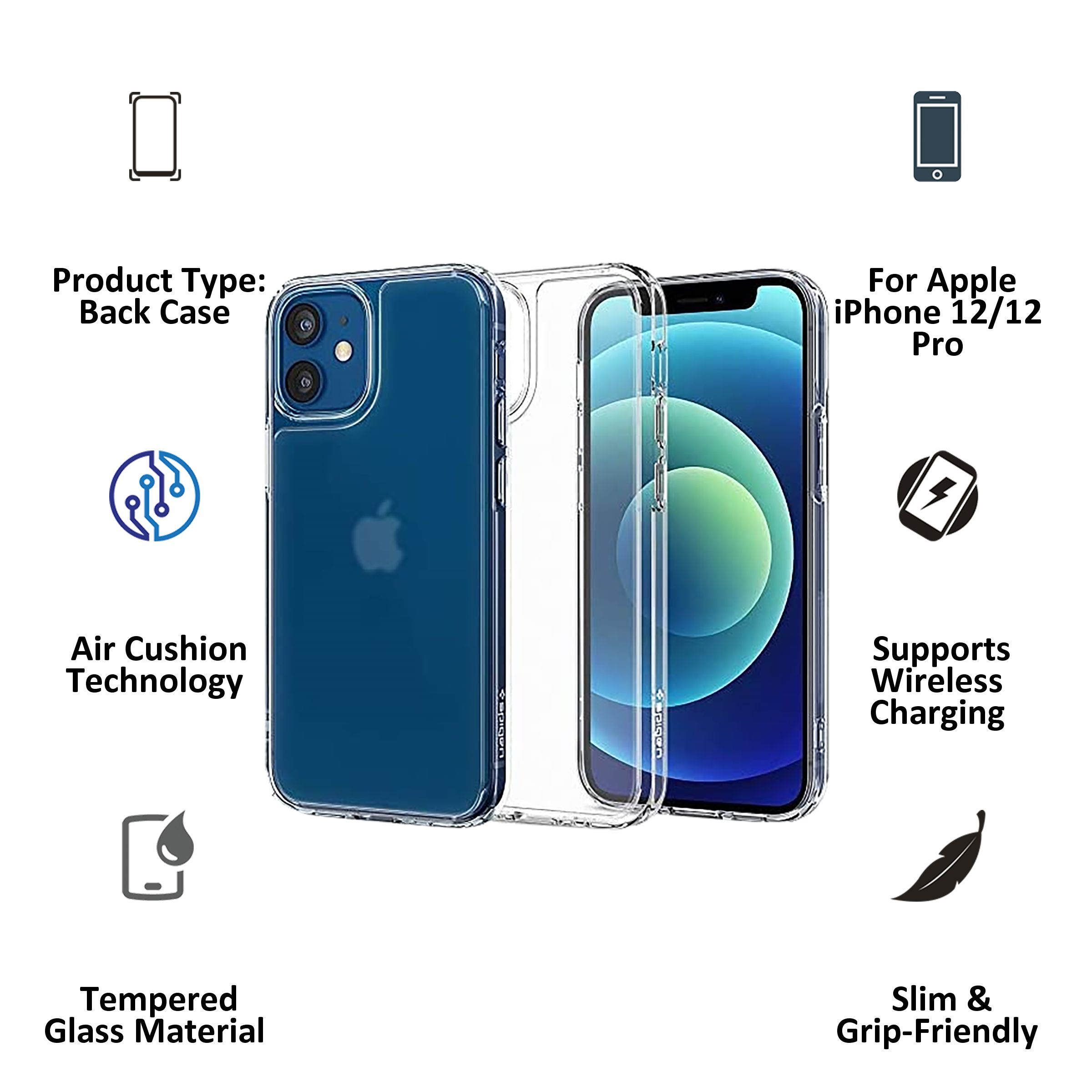 spigen Quartz Hybrid Tempered Glass & TPU Back Case For Apple iPhone 12/iPhone 12 Pro (Air Cushion Technology, ACS02601, Matte Clear)_2