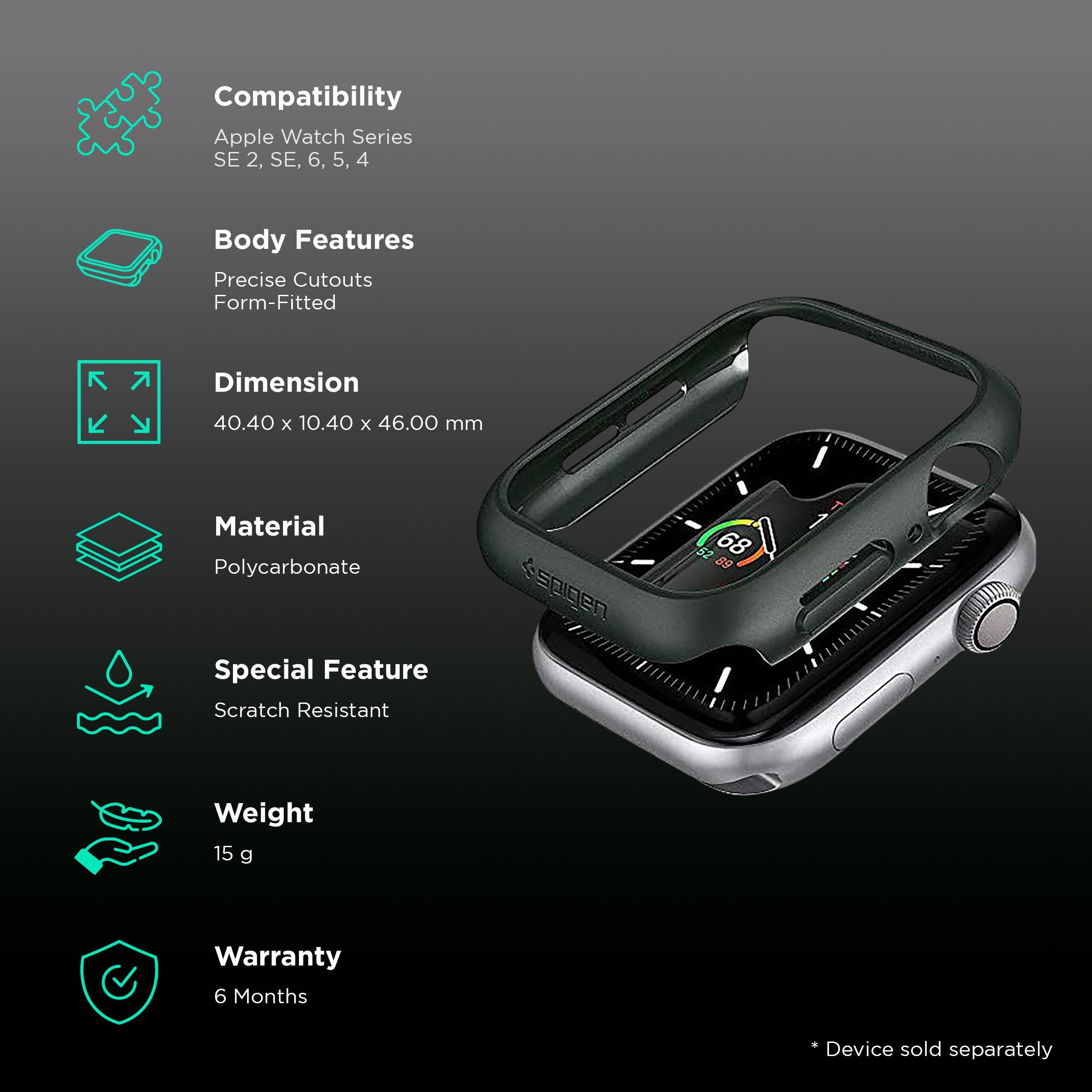 Spigen Thin Fit Polycarbonate Case for Apple Watch Series SE 2, SE, 6, 5 & 4 (44mm) (Razor-Thin Frame, Military Green)_2