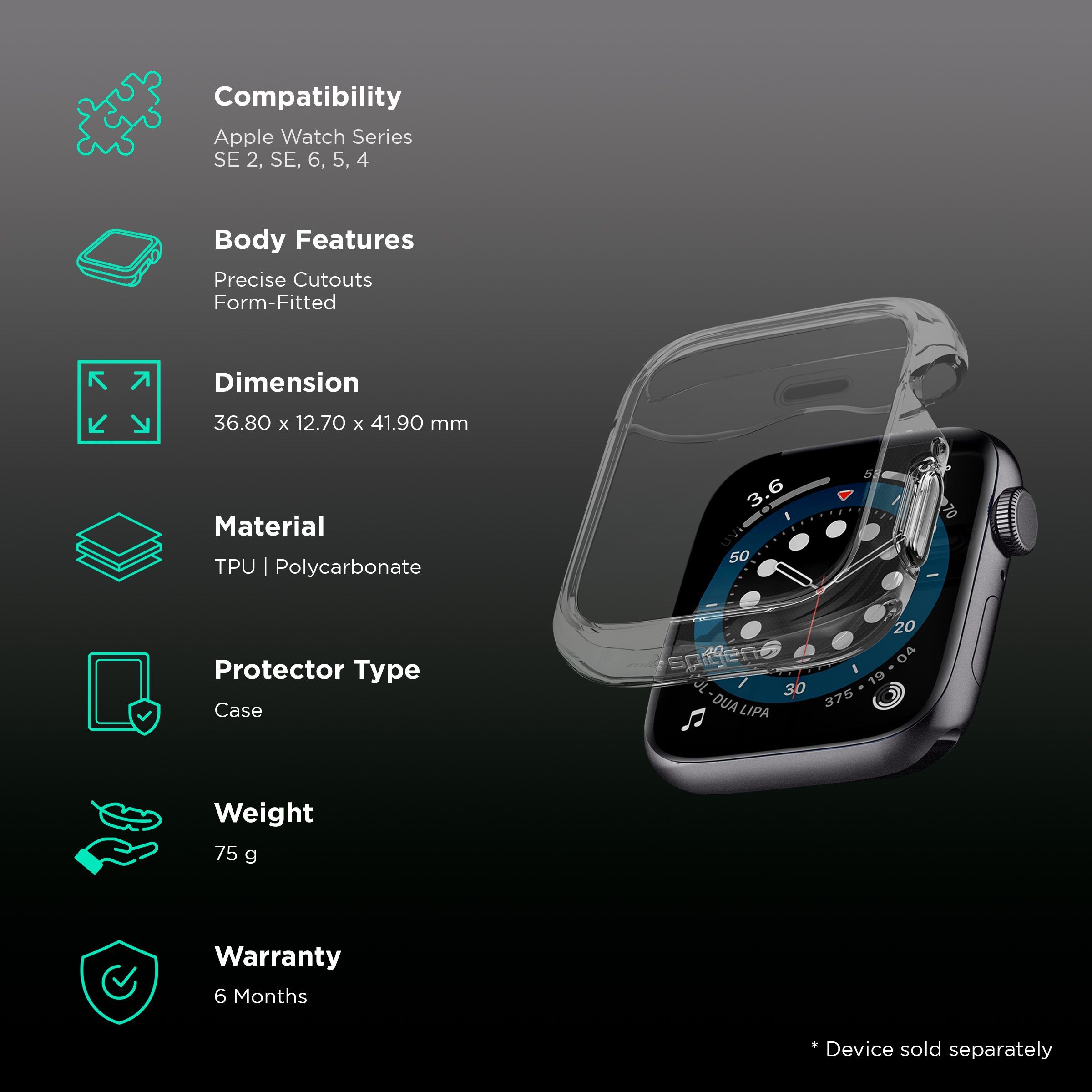 Spigen Ultra Hybrid TPU & Polycarbonate Case for Apple Watch Series SE 2, SE, 6, 5 & 4 (40mm) (Shock-Absorbent Layer, Crystal Clear)_2